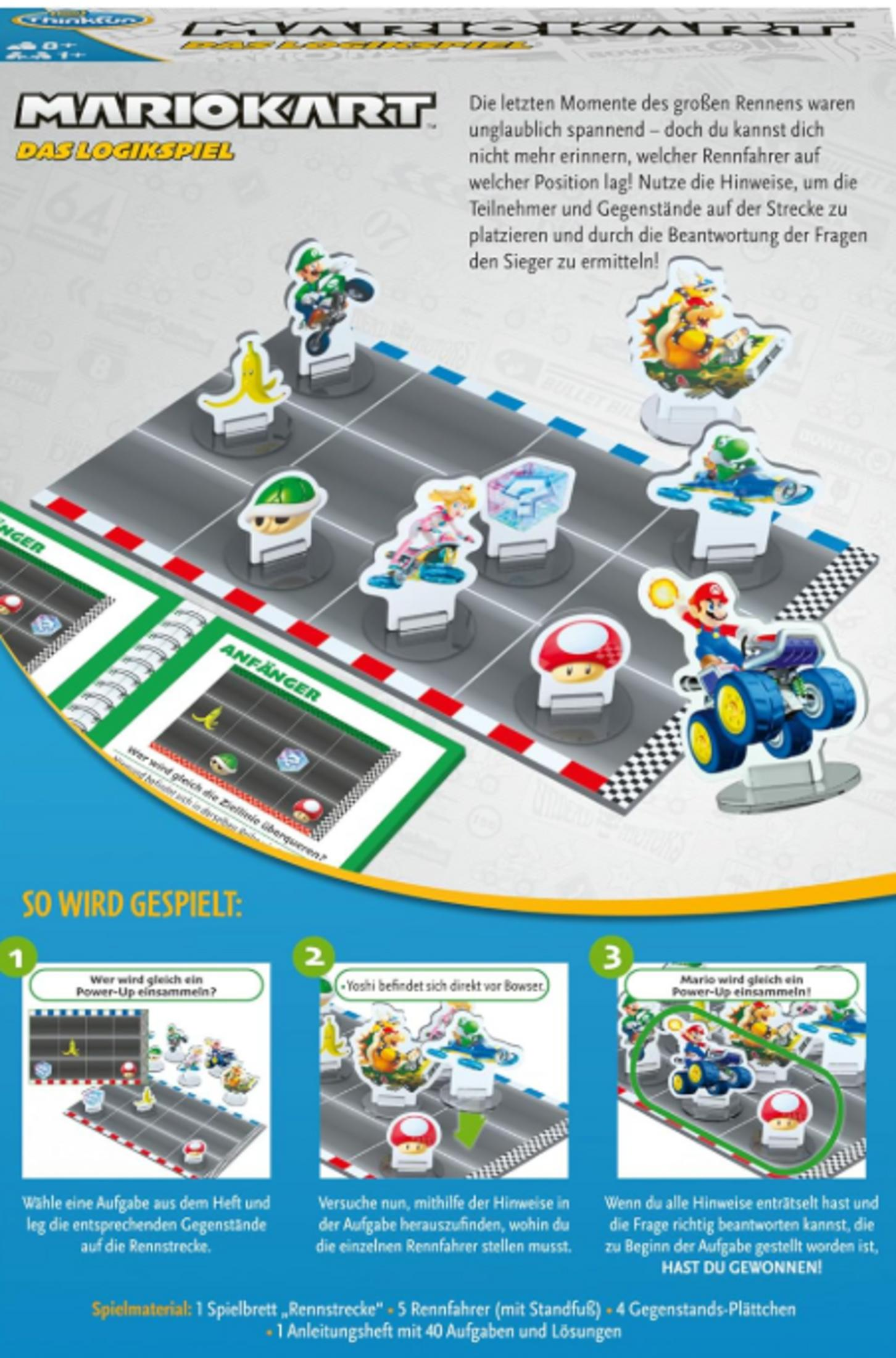 Mario Kart Logikspiel mit Spielfiguren auf einer Rennstrecke und Spielanleitung.