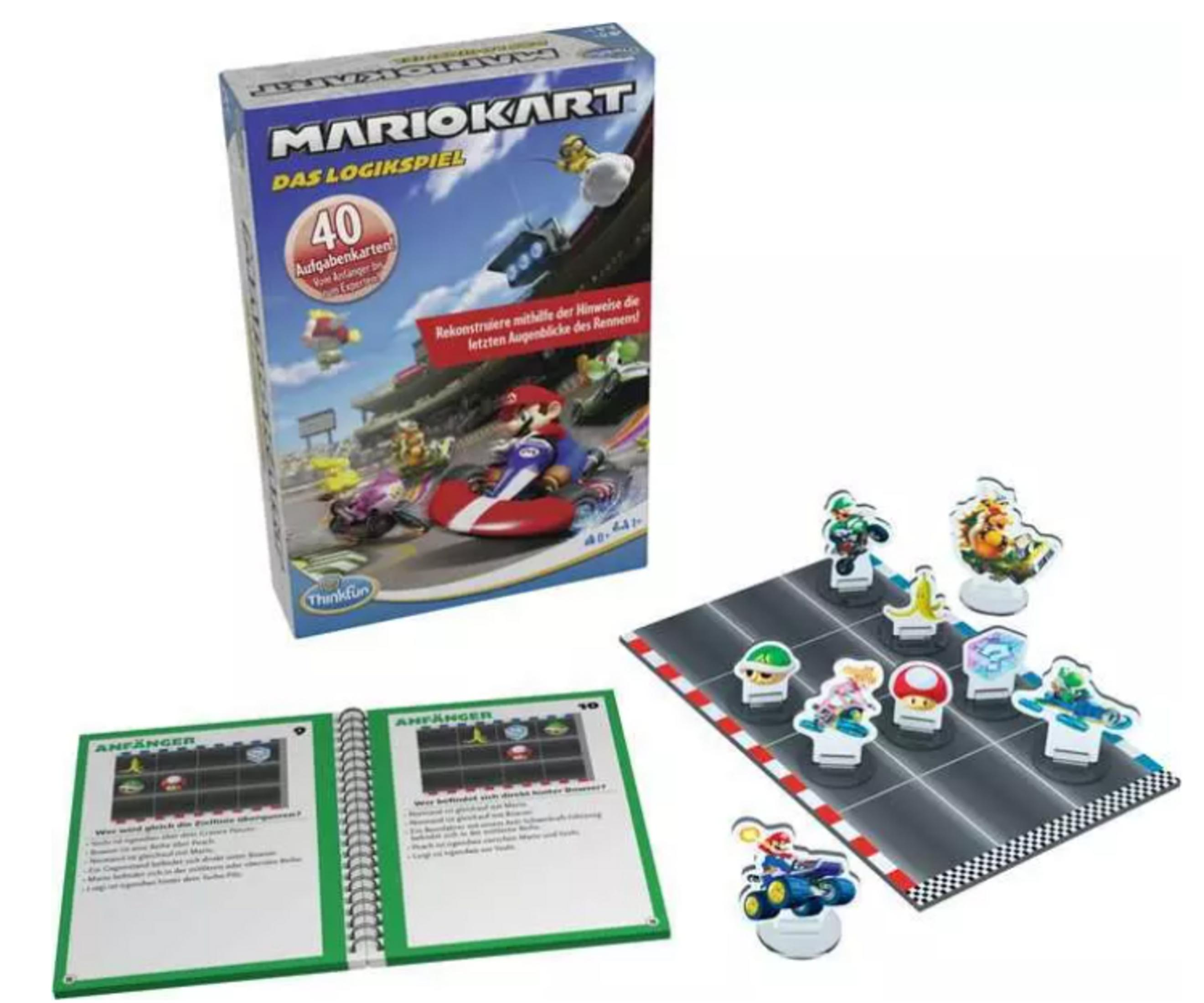 Mario Kart Logikspiel mit Spielfiguren, Spielbrett, Box und Aufgabenbuch.