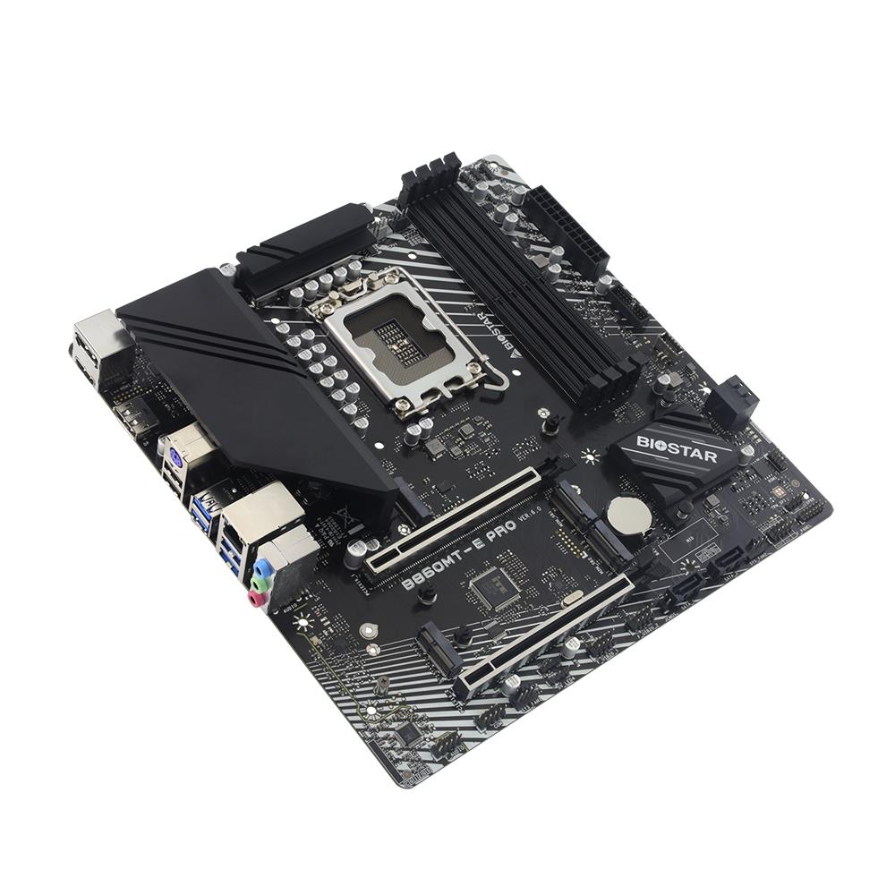 CPU soketi, RAM yuvaları ve bağlantı noktaları bulunan siyah Biostar B660MT-E PRO anakart.