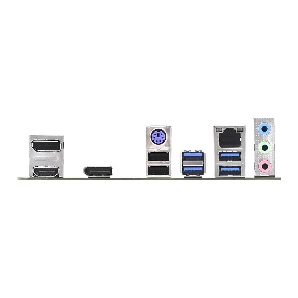 USB ve ses dahil çeşitli bağlantı noktalarına sahip bilgisayar anakartı arka paneli.