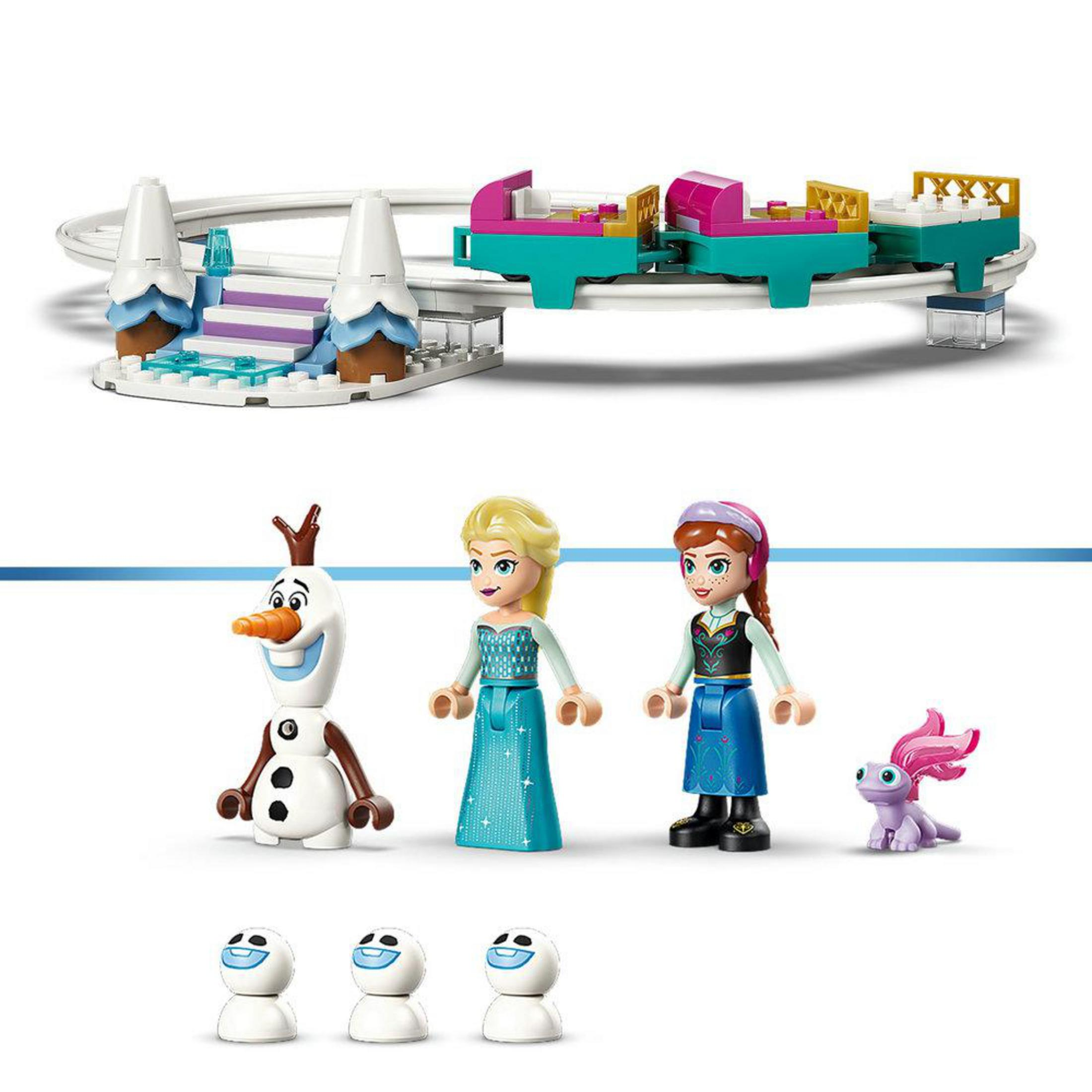 Figurki Lego Elsa, Anna, Olaf i Bruni na sankach i kolejce górskiej.