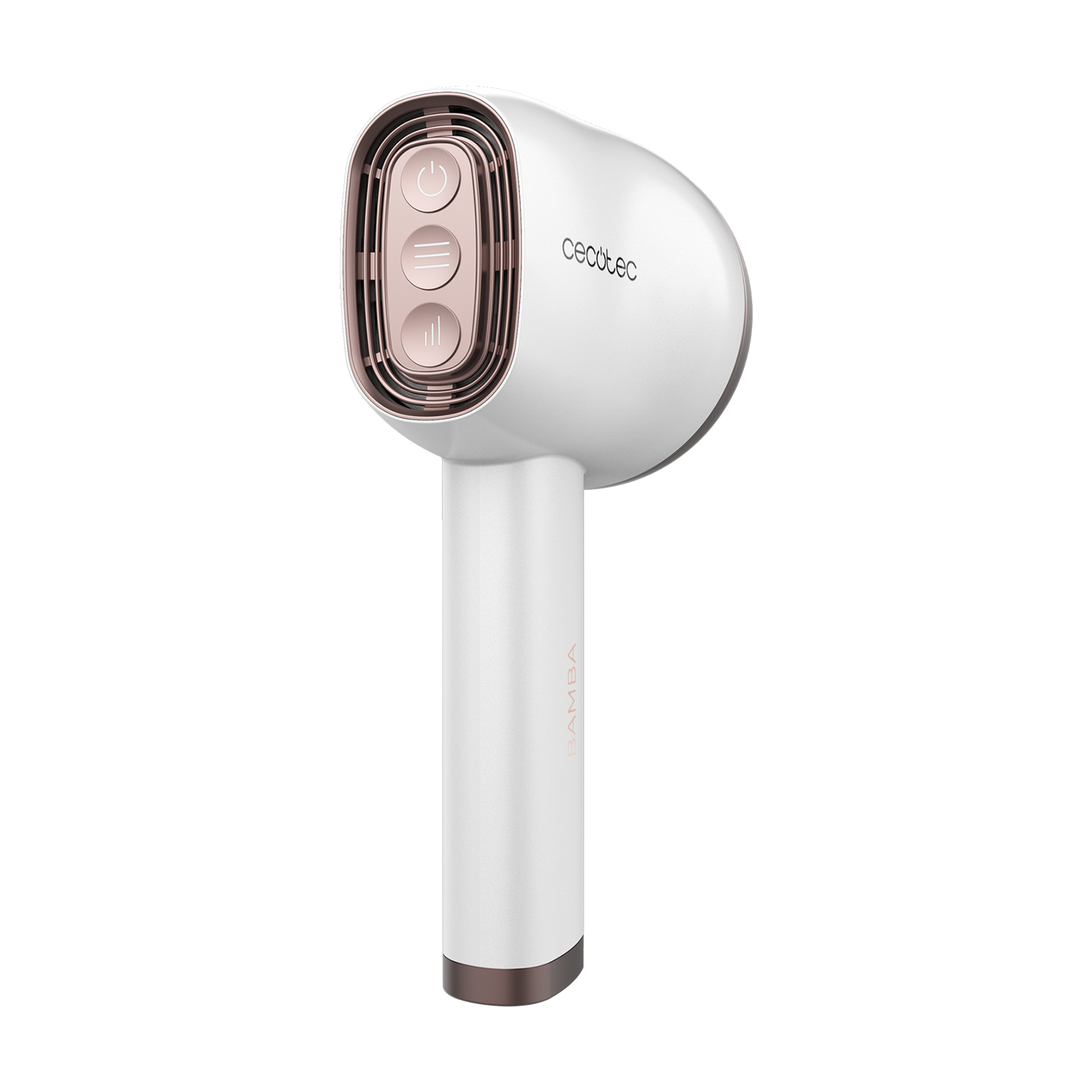 Un asciugacapelli bianco con accenti oro rosa e tre pulsanti.