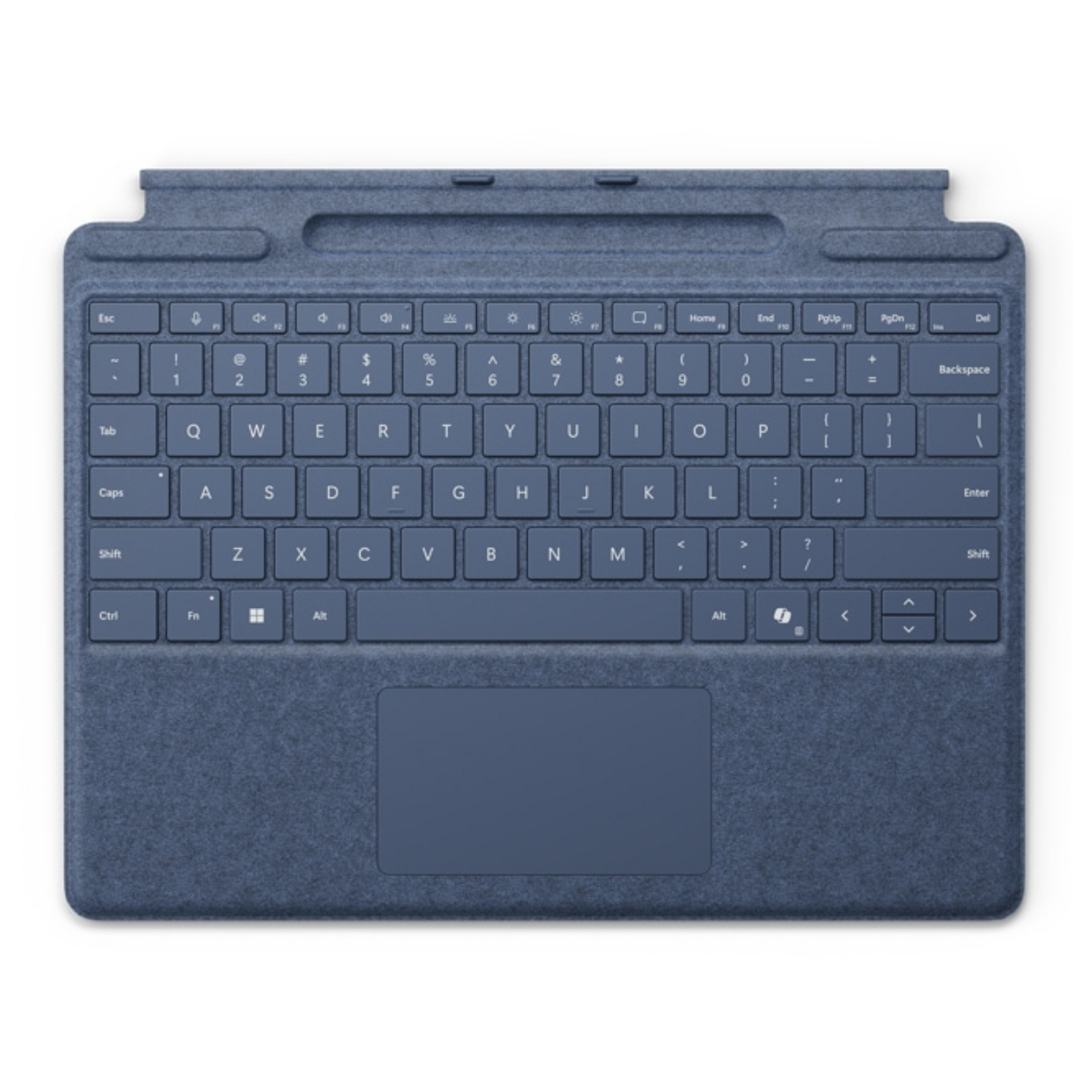 Tastiera in tessuto blu con trackpad. Layout QWERTY, tasti completi e tasti funzione.