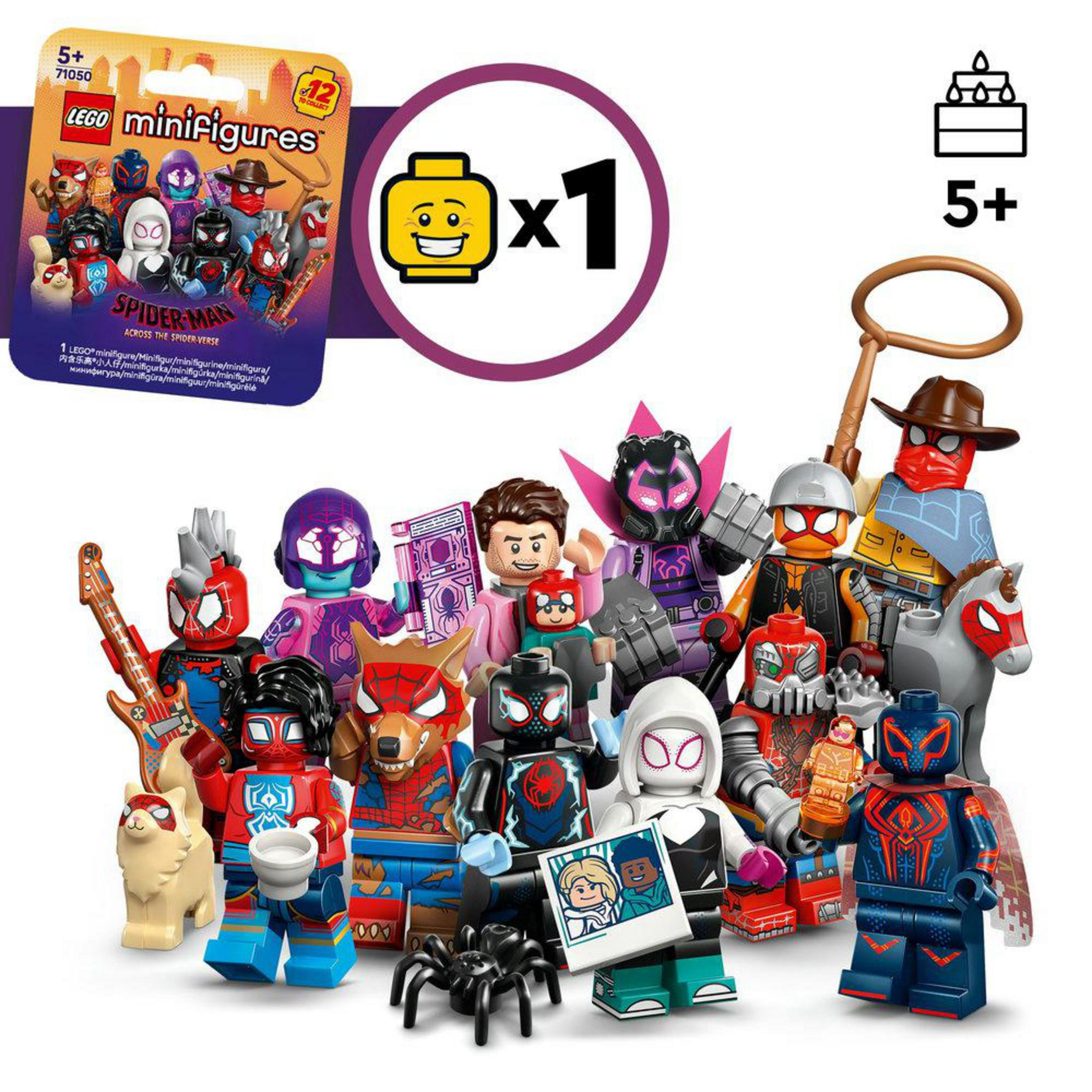 Una collezione di minifigure Lego di Spider-Man da Across the Spider-Verse.
