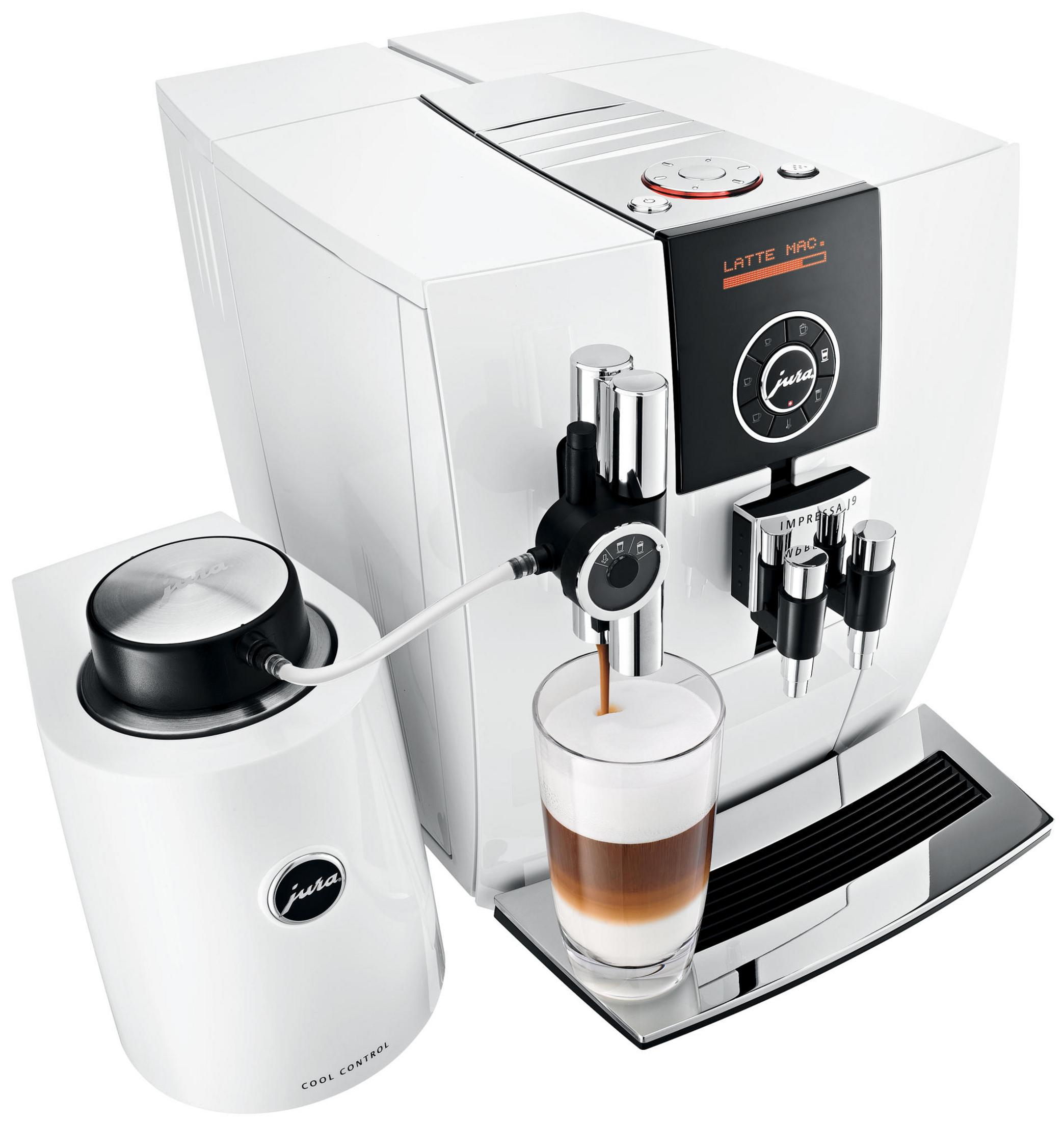 Macchina da caffè bianca con contenitore latte che prepara un latte macchiato.