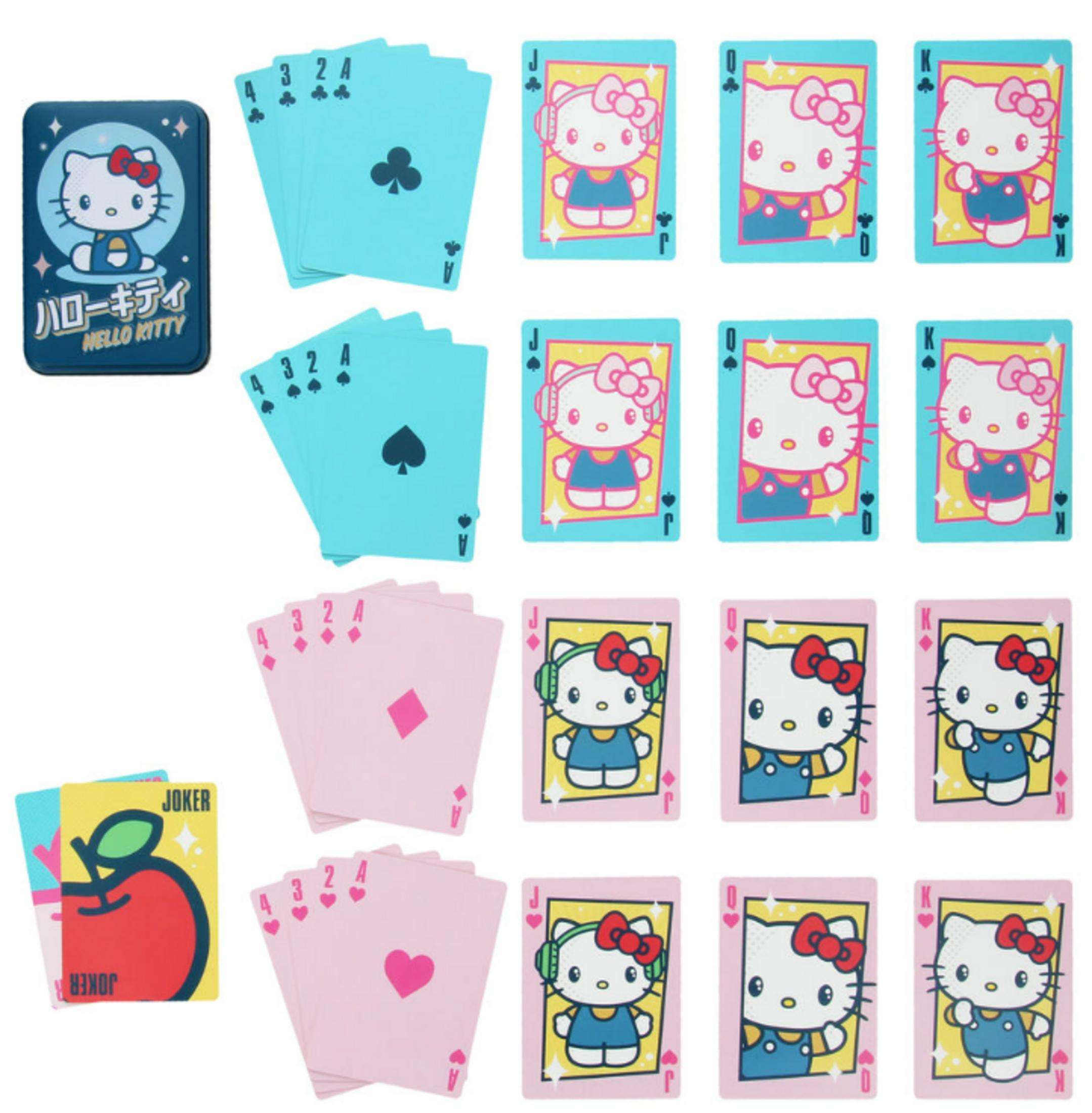 Cartes à jouer Hello Kitty avec couleurs bleu et rose.