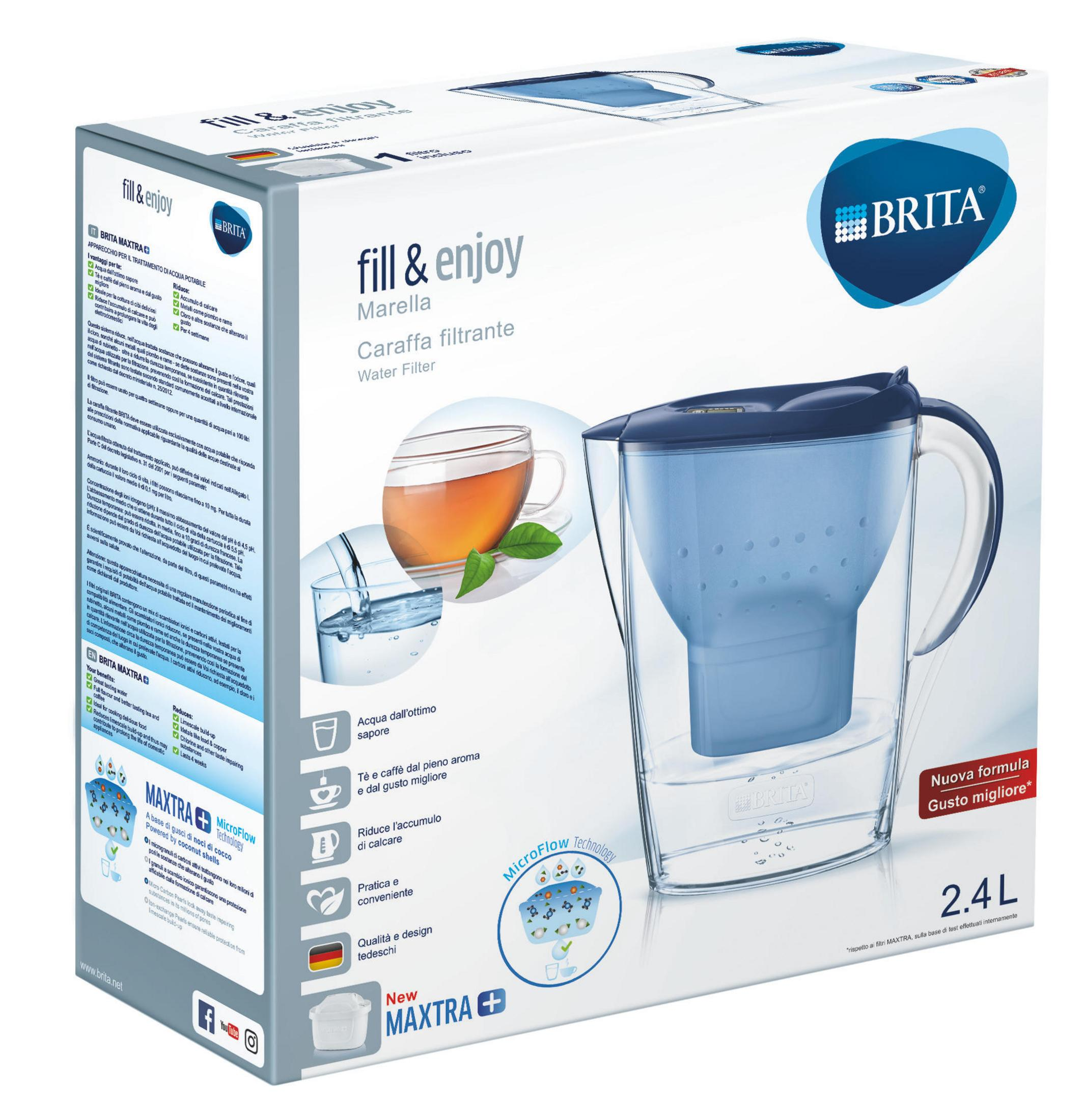 Brita Marella water filter pitcher, 2.4L, with blue lid and handle, featuring tea image.