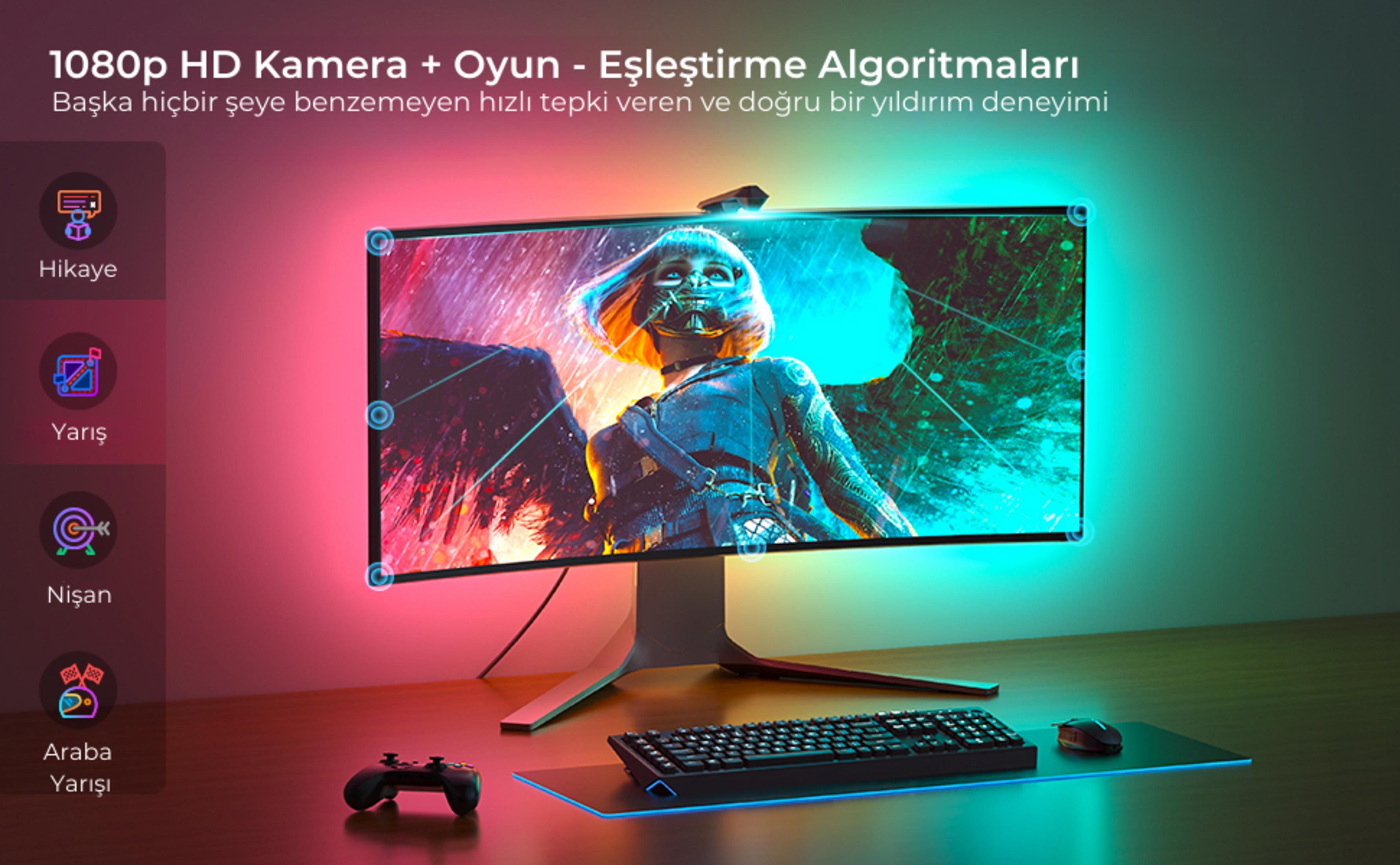 Zestaw do gier z monitorem, klawiaturą, myszą i kontrolerem, oświetlony światłem RGB.