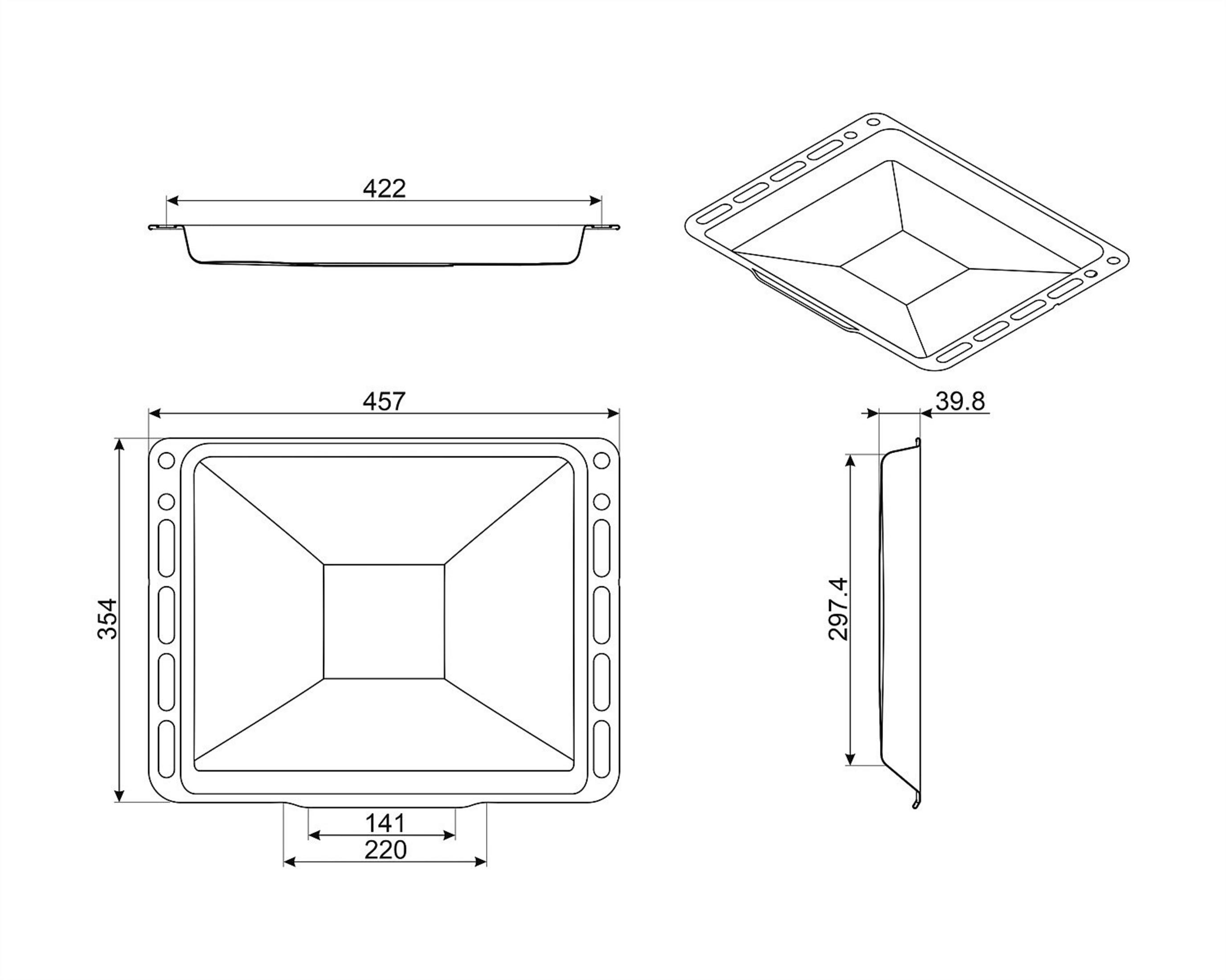 Dibujo técnico de una bandeja rectangular para hornear con dimensiones.
