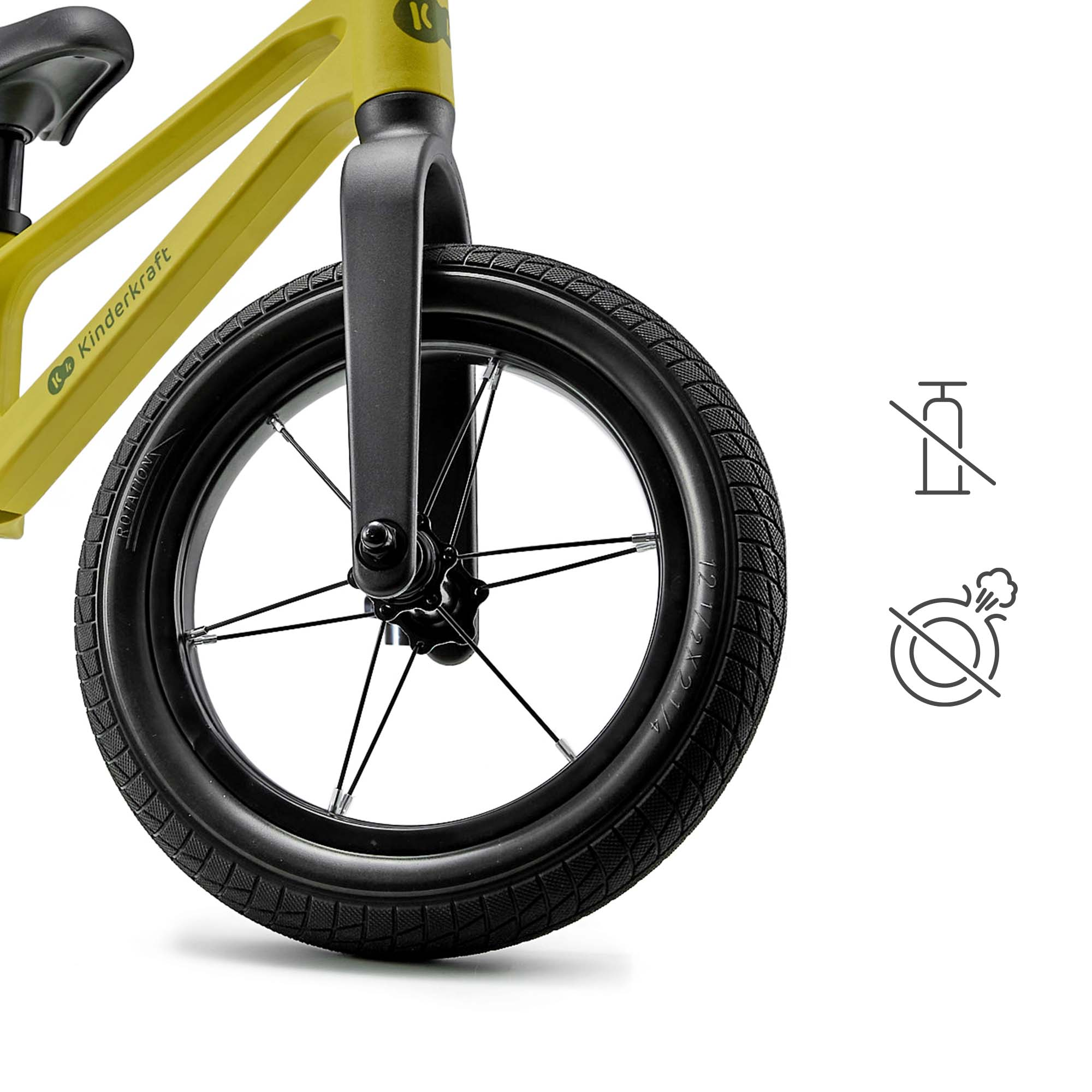 Gelbes Kinderfahrrad mit schwarzem Rad und Gabel. Symbole für Luft- und Drucklosigkeit.