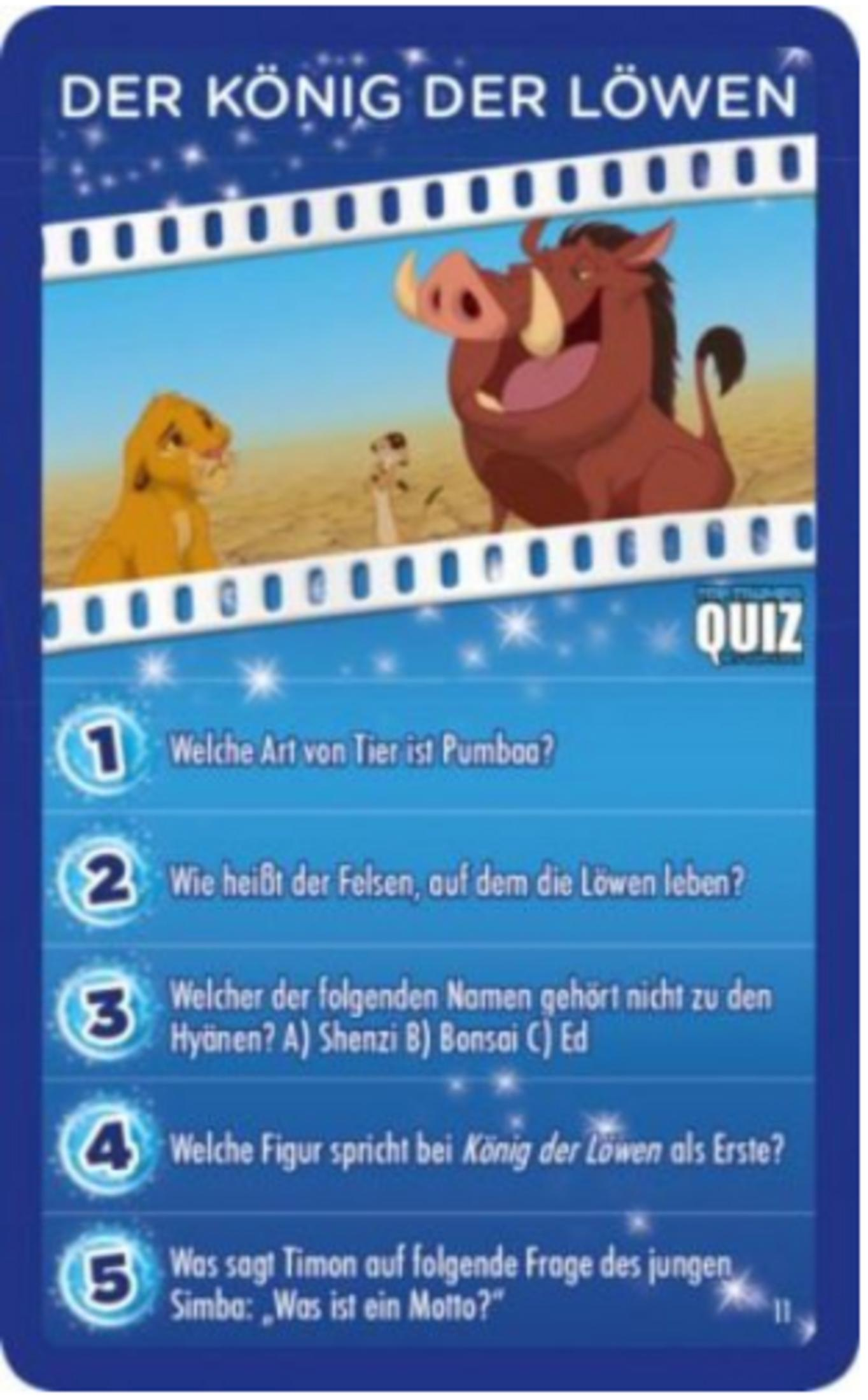 Der König der Löwen Quiz-Karte mit Simba, Pumbaa und einem Warzenschwein.