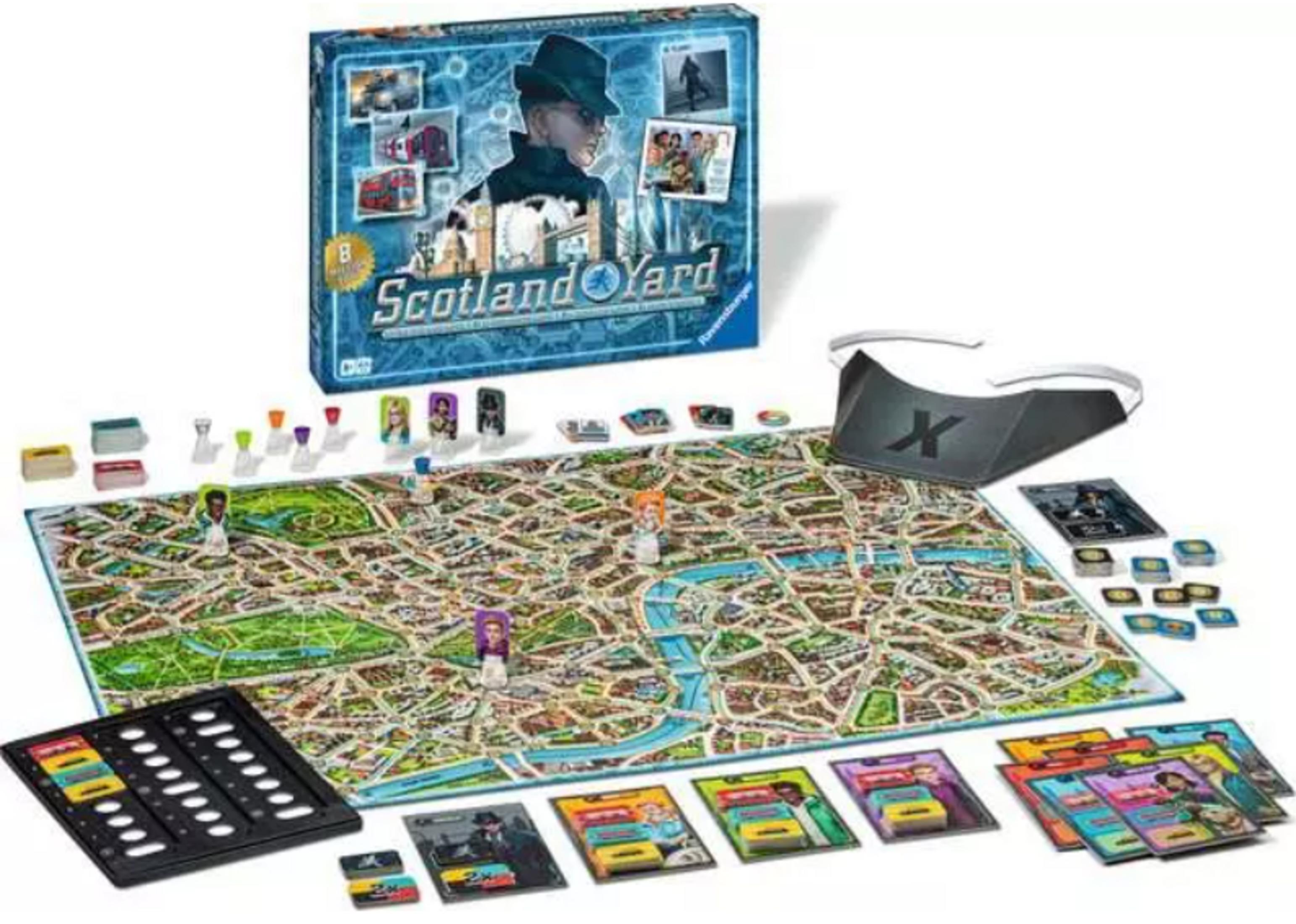 Gioco da tavolo Scotland Yard con mappa, figure, carte e accessori.