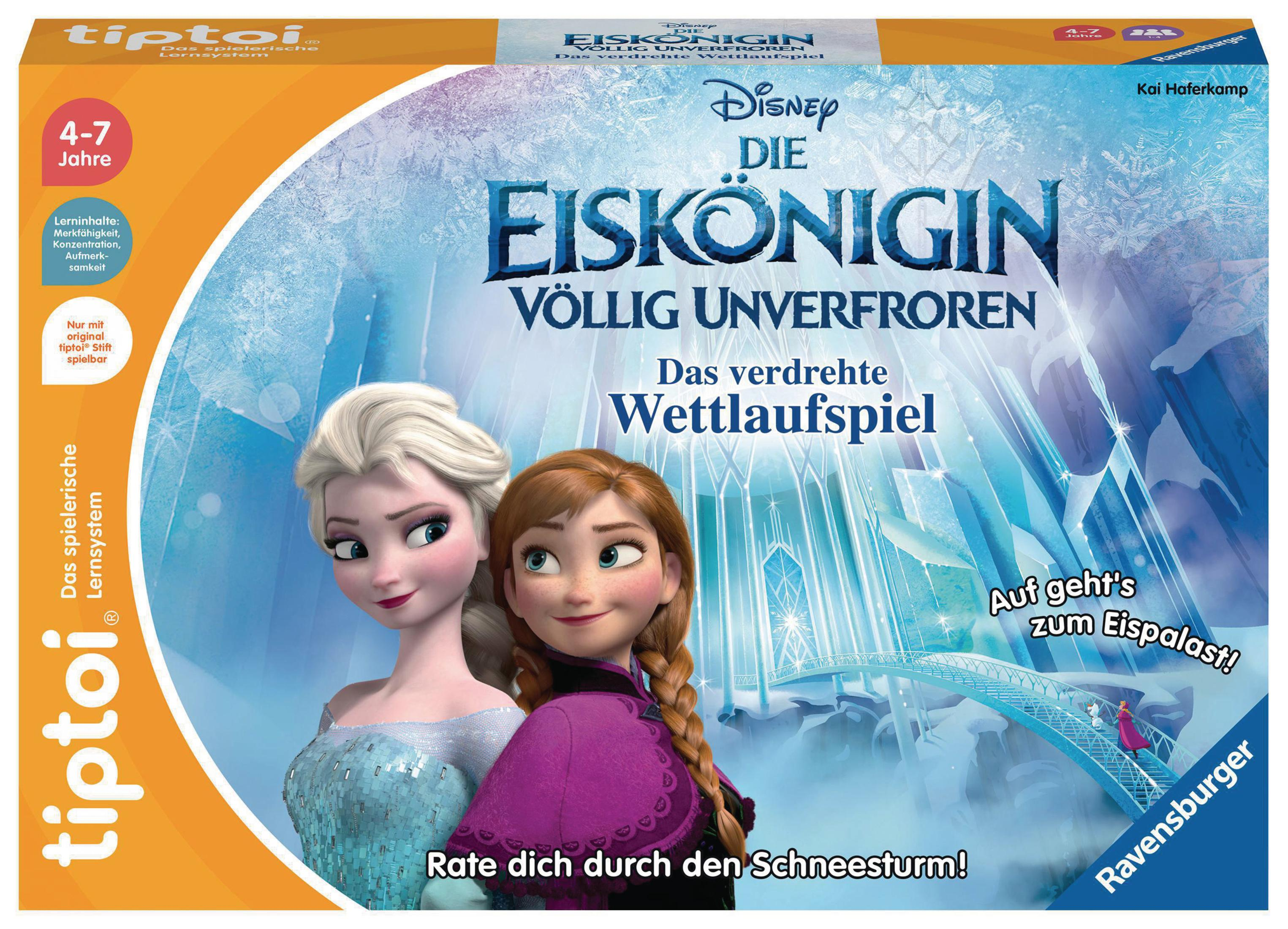 Die Eiskönigin Brettspiel mit Elsa und Anna vor einer Eisburg. Für Kinder von 4-7 Jahren.