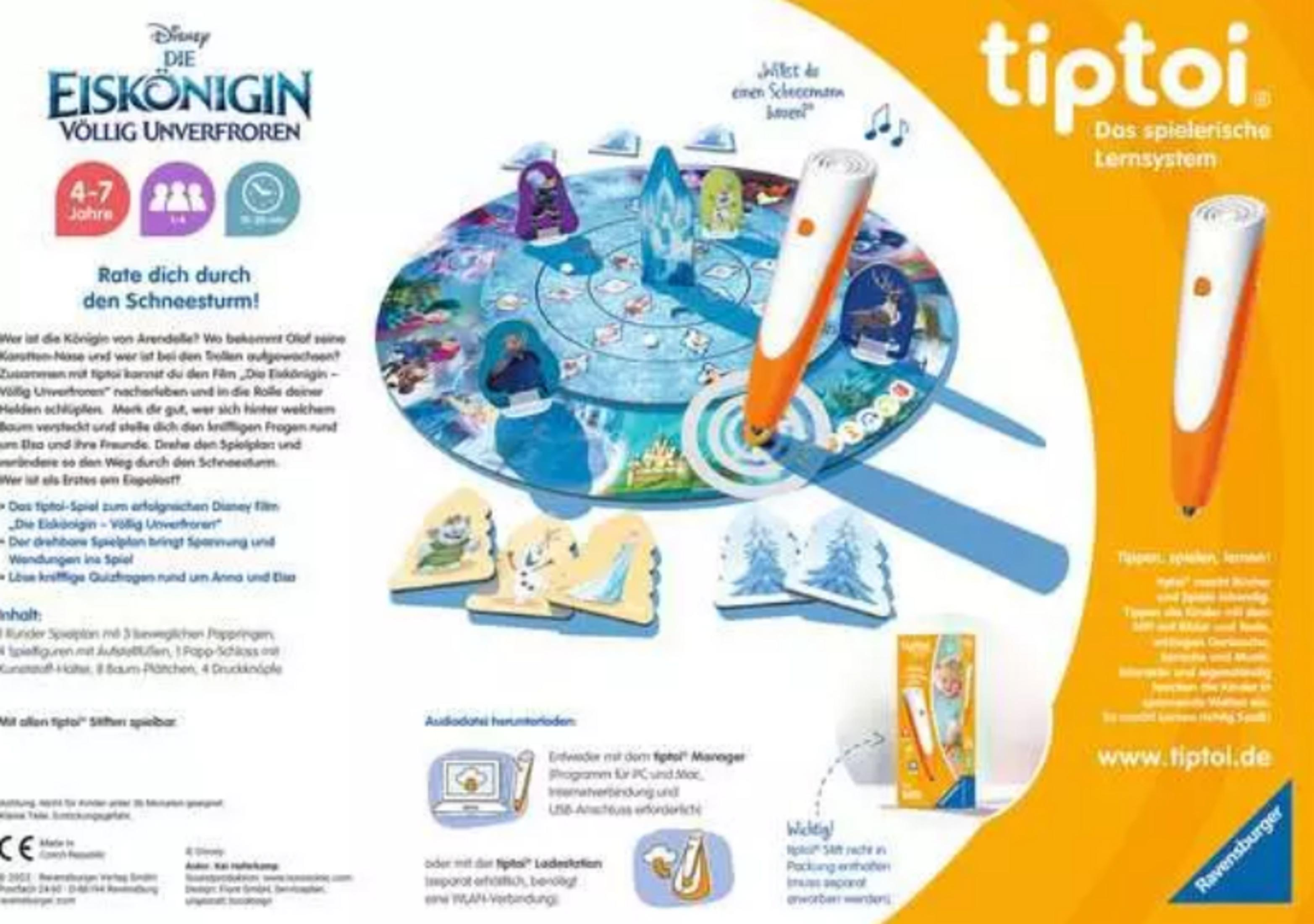 Das Tiptoi Spiel "Die Eiskönigin" mit Spielbrett, Figuren, Tiptoi Stift und Anleitung.