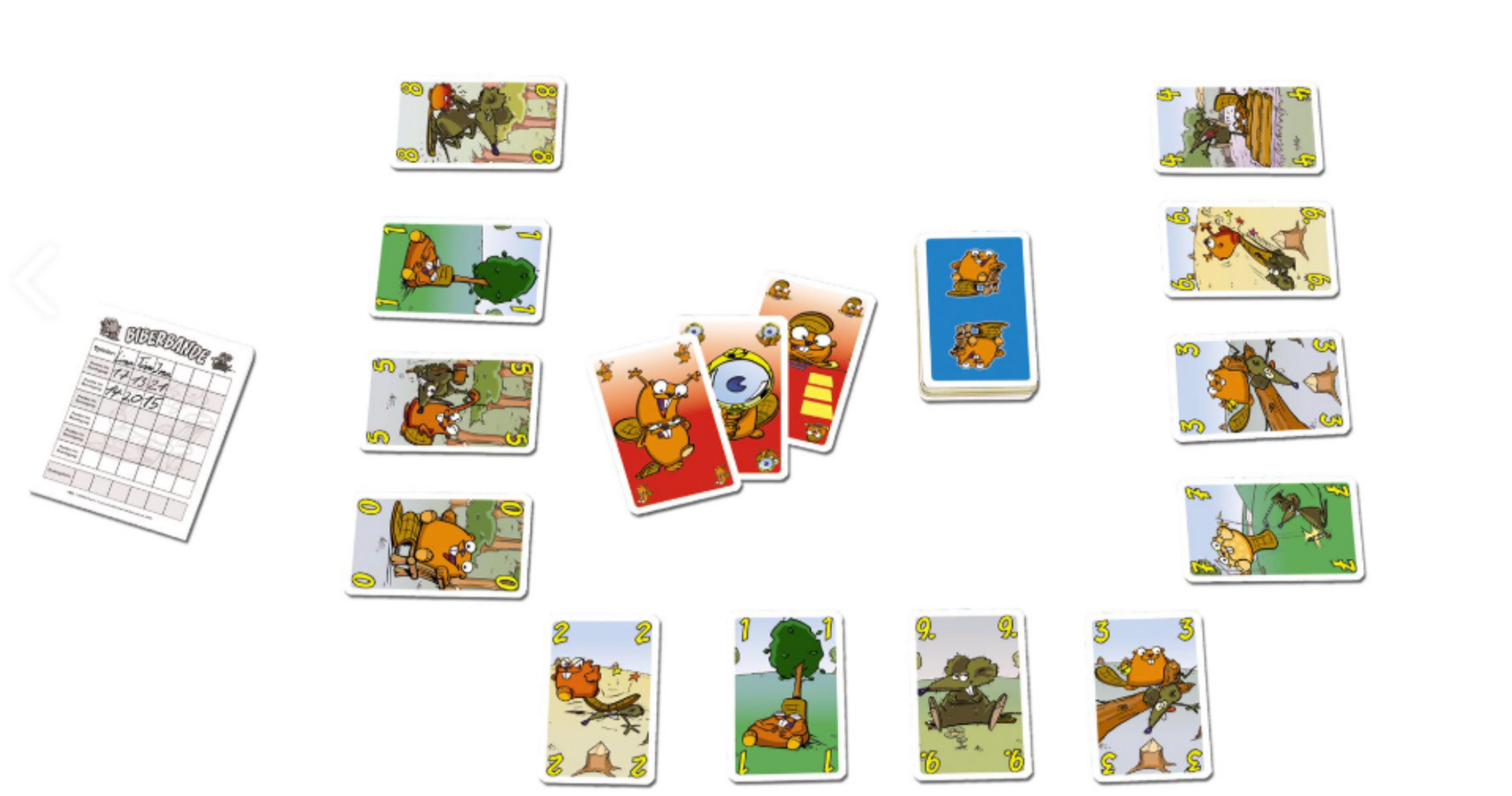 Spielkarten mit Bibern und anderen Tieren, Spielbrett im Hintergrund.