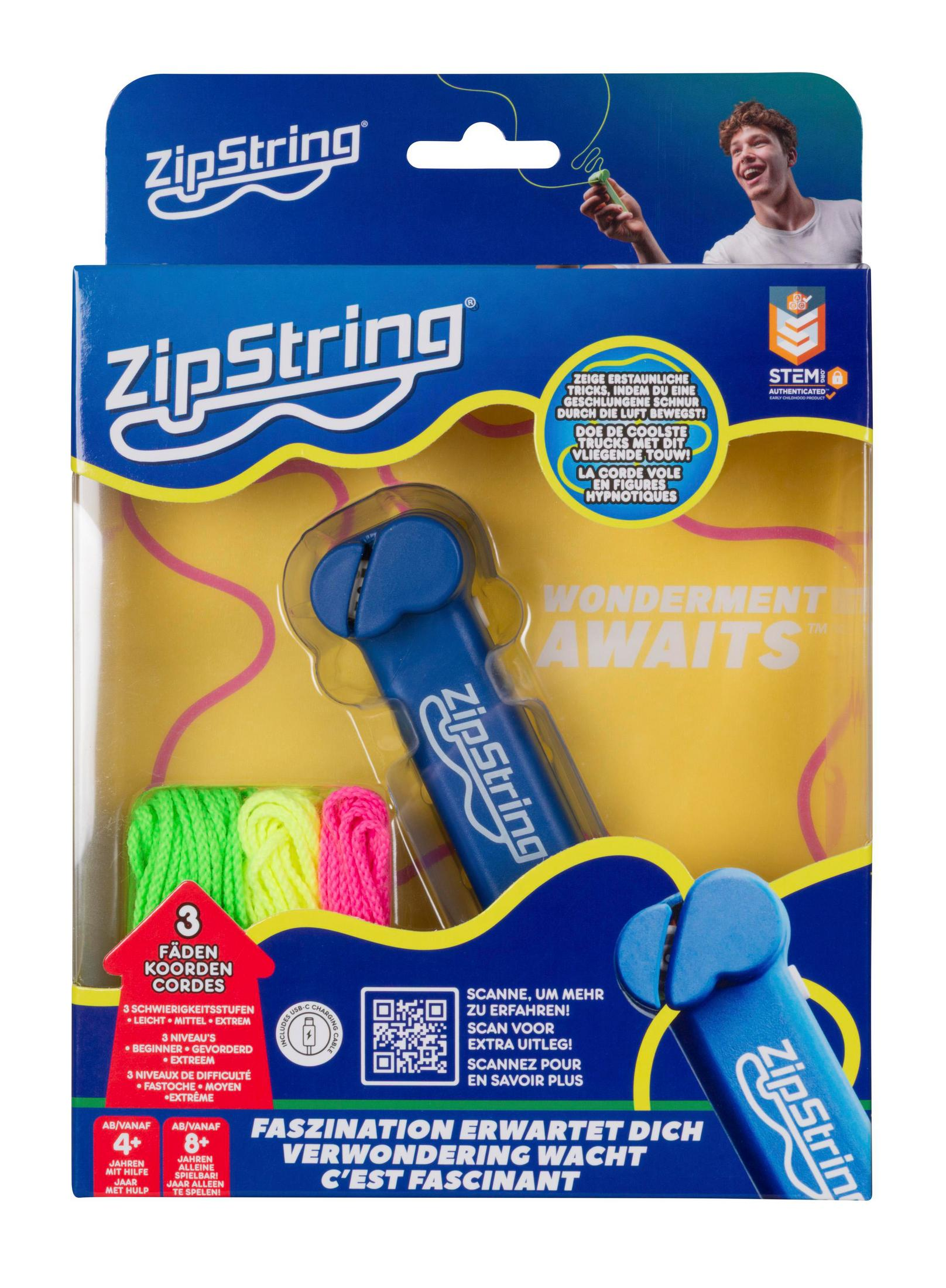 ZipString Spielzeugpackung mit Schnur und Zubehör, ein Junge spielt damit.