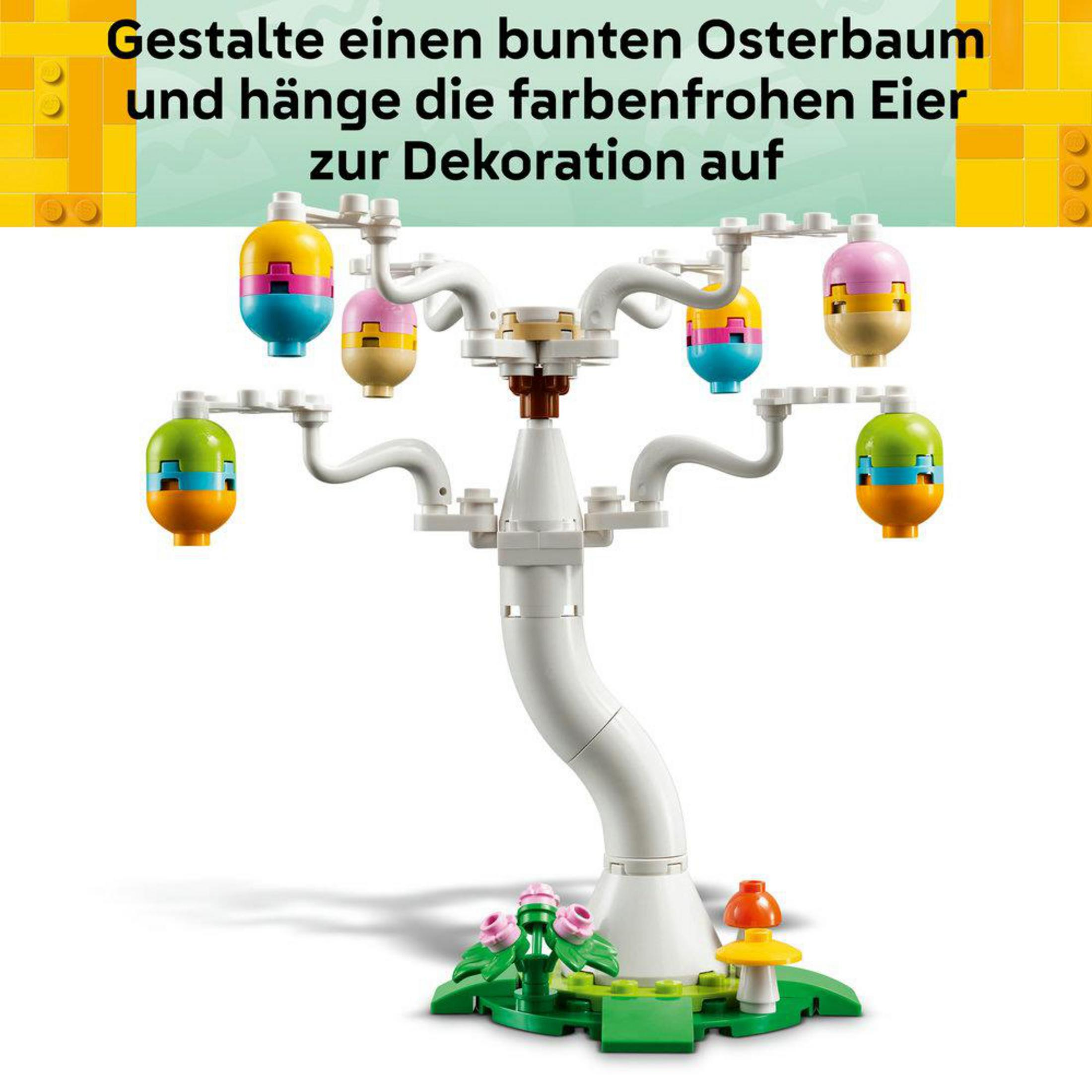 Un albero di Pasqua LEGO colorato con uova gialle, blu e rosa.