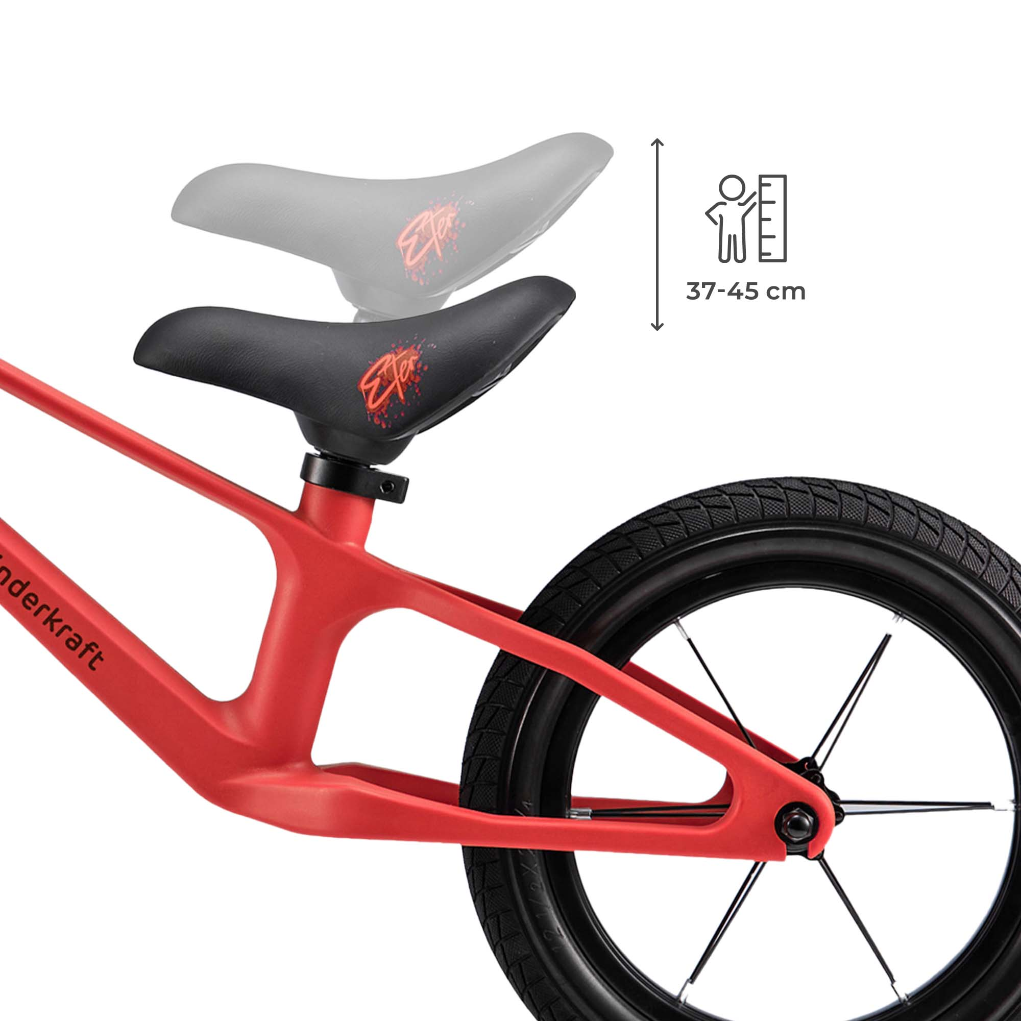 Roter Kinderfahrradrahmen mit schwarzem Sattel und Rad. Größenangabe 37-45cm.