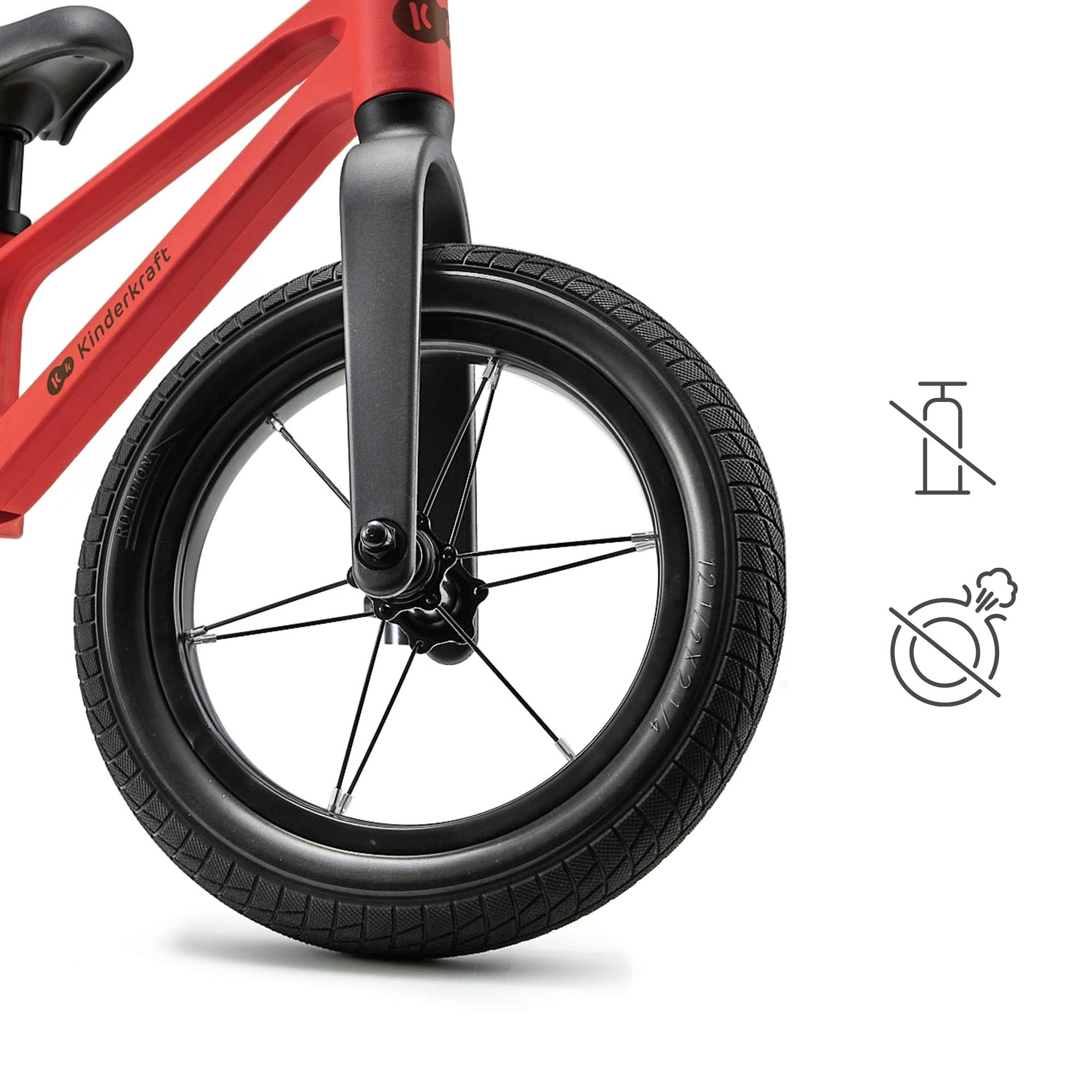 Rotes Kinderfahrrad mit schwarzem Rad und Gabel. Symbole zeigen Luftpumpe und Reifen an.