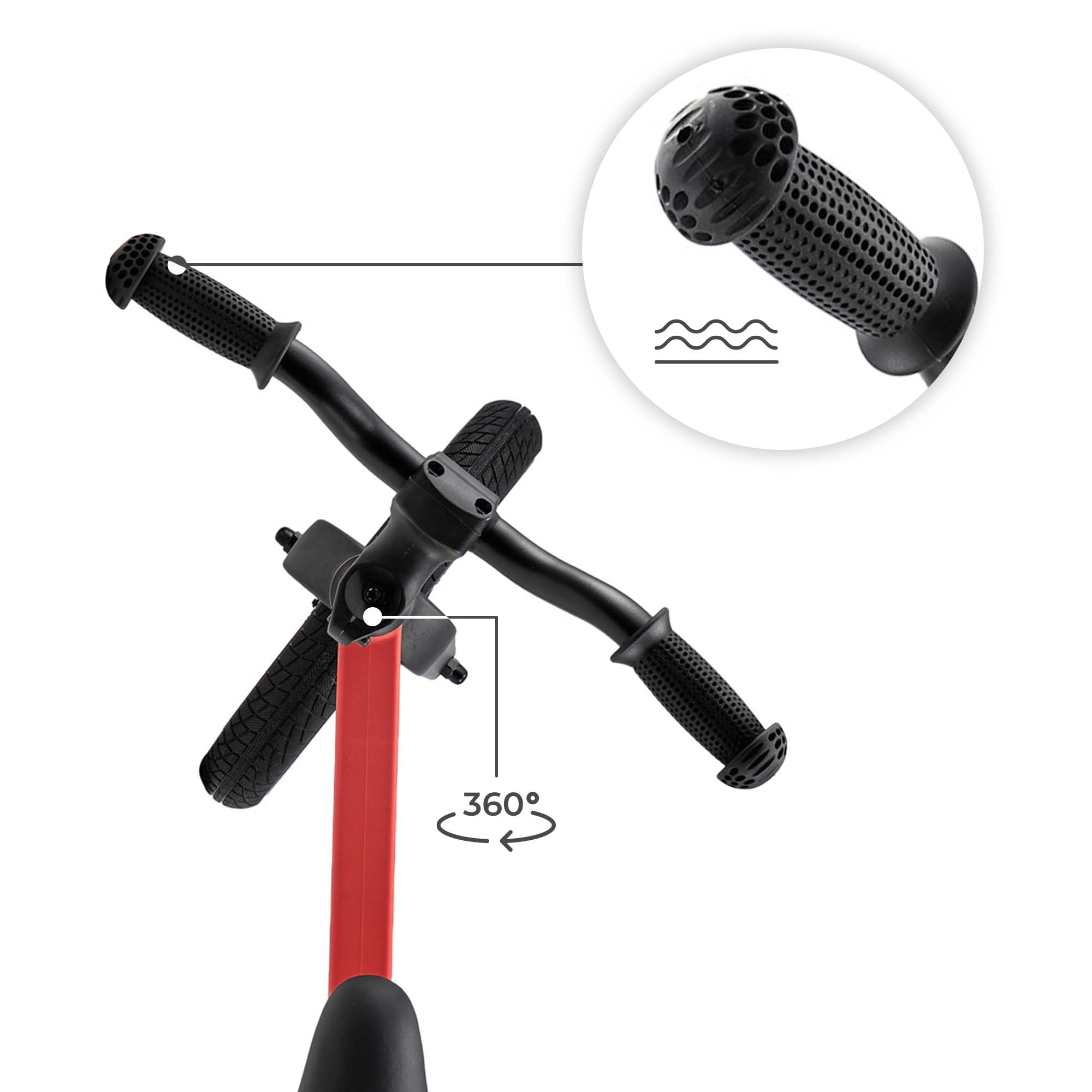 Lenker eines roten Fahrzeugs mit schwarzem Griff und 360°-Symbol.