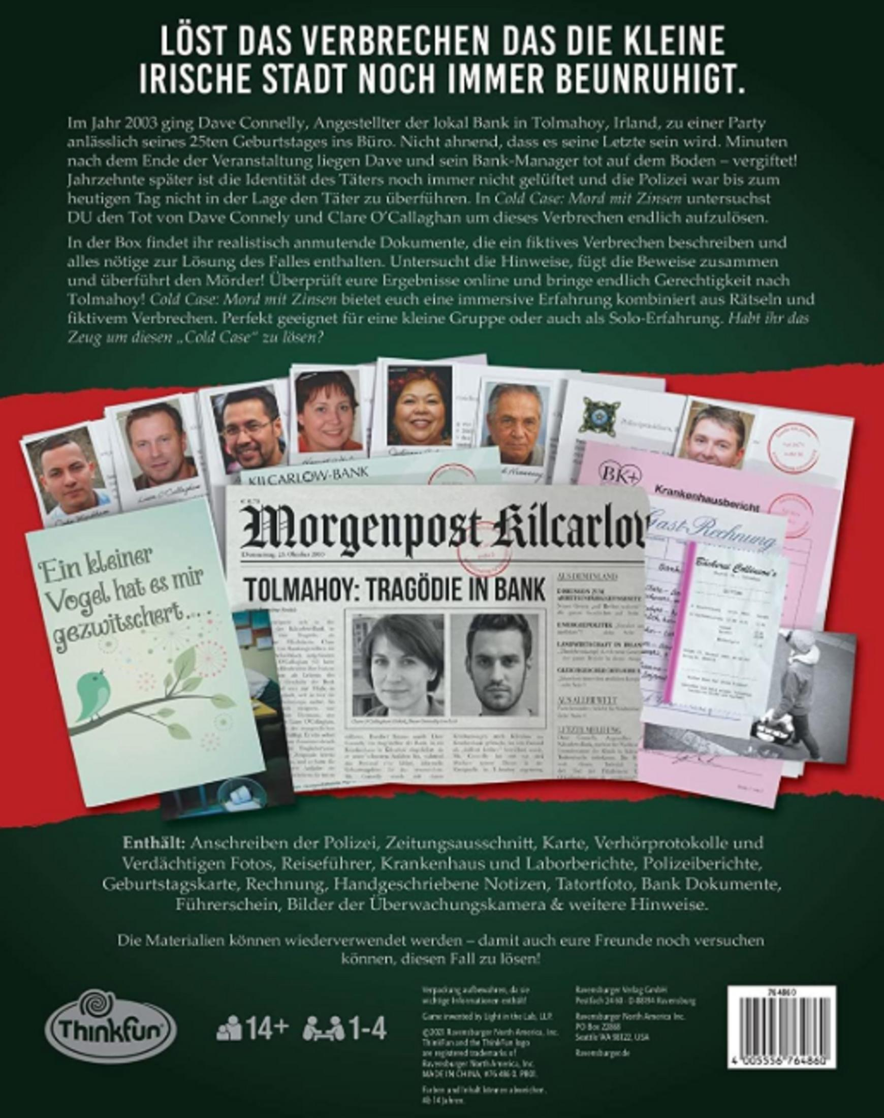 Spielverpackung mit Fotos, Zeitungsausschnitten und Dokumenten zur Falllösung.