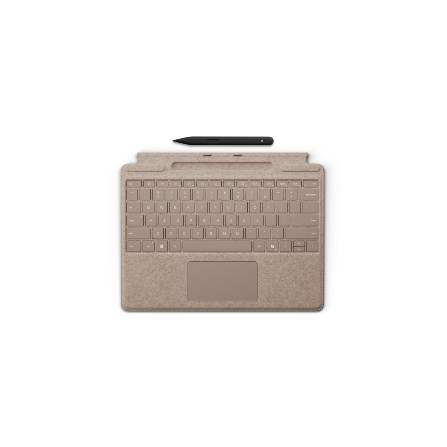 Una cover per tablet color cuoio con tastiera e pennino nero su sfondo bianco.