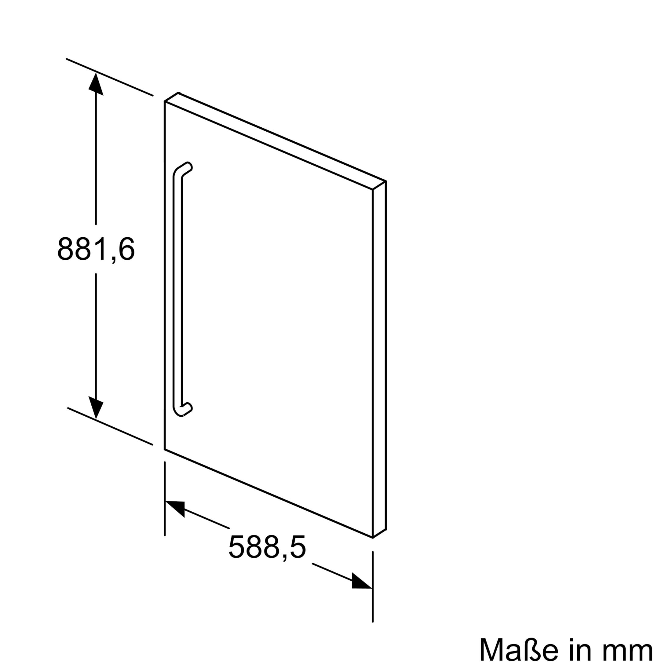 Technische Zeichnung: Höhe 881,6 mm, Breite 588,5 mm.