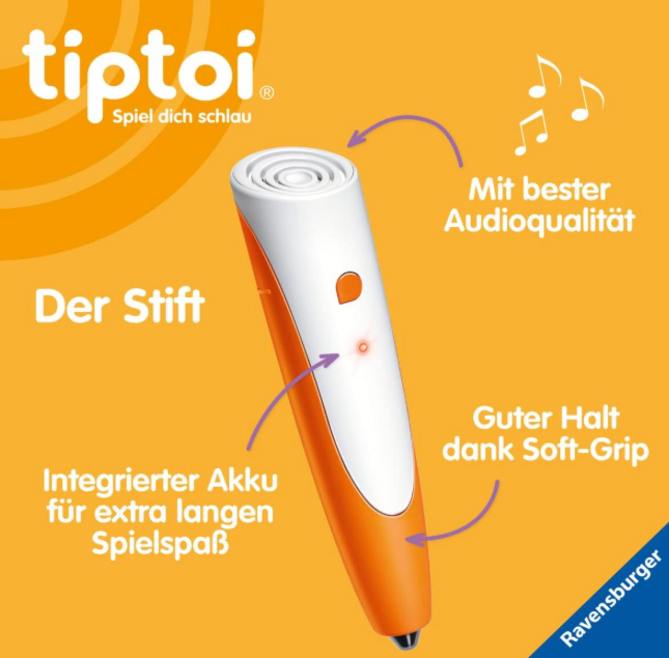 Der orange-weiße Tiptoi Stift mit Textfeldern für Akku, Audioqualität und Soft-Grip.