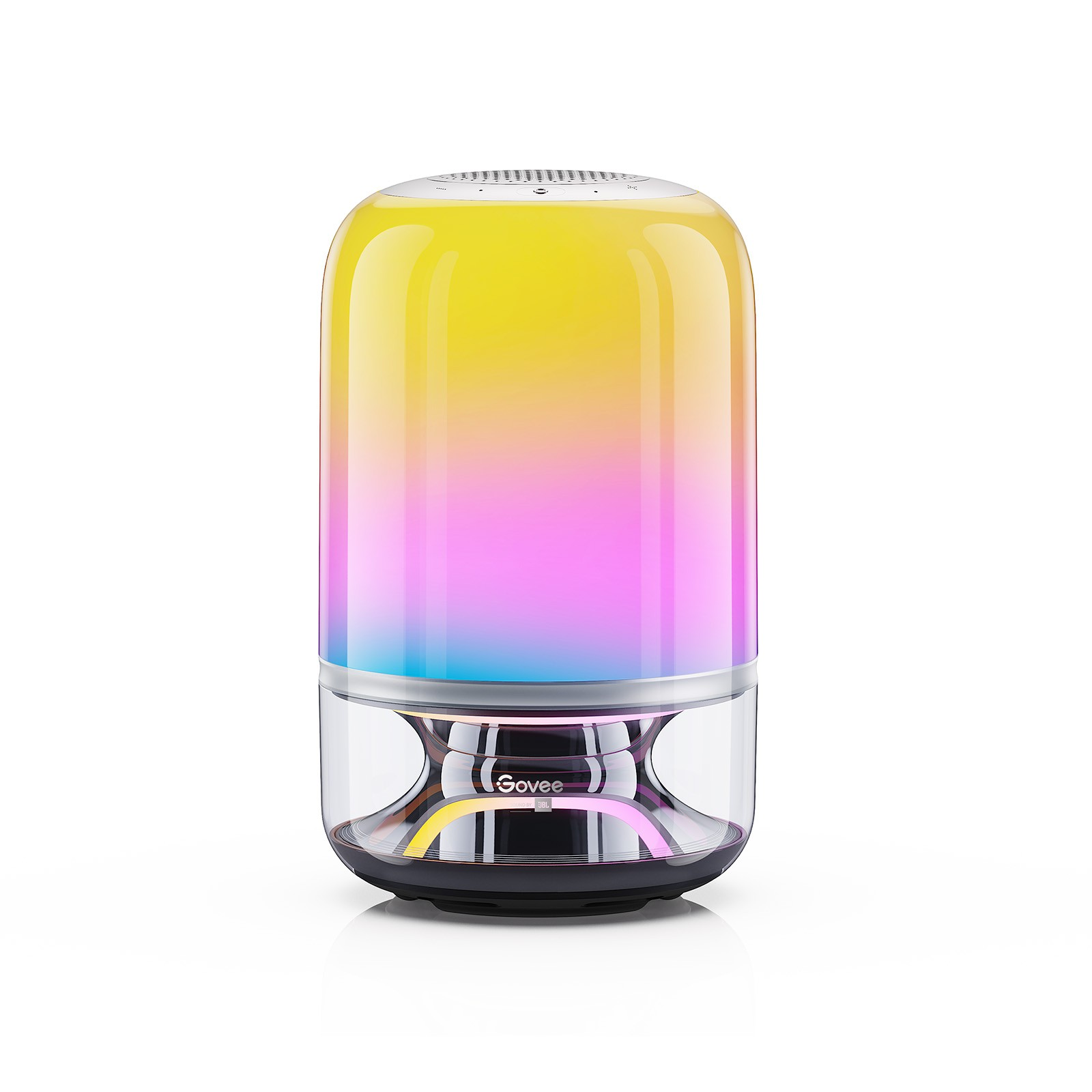 A Govee speaker with color-changing lights, from yellow to pink to blue.