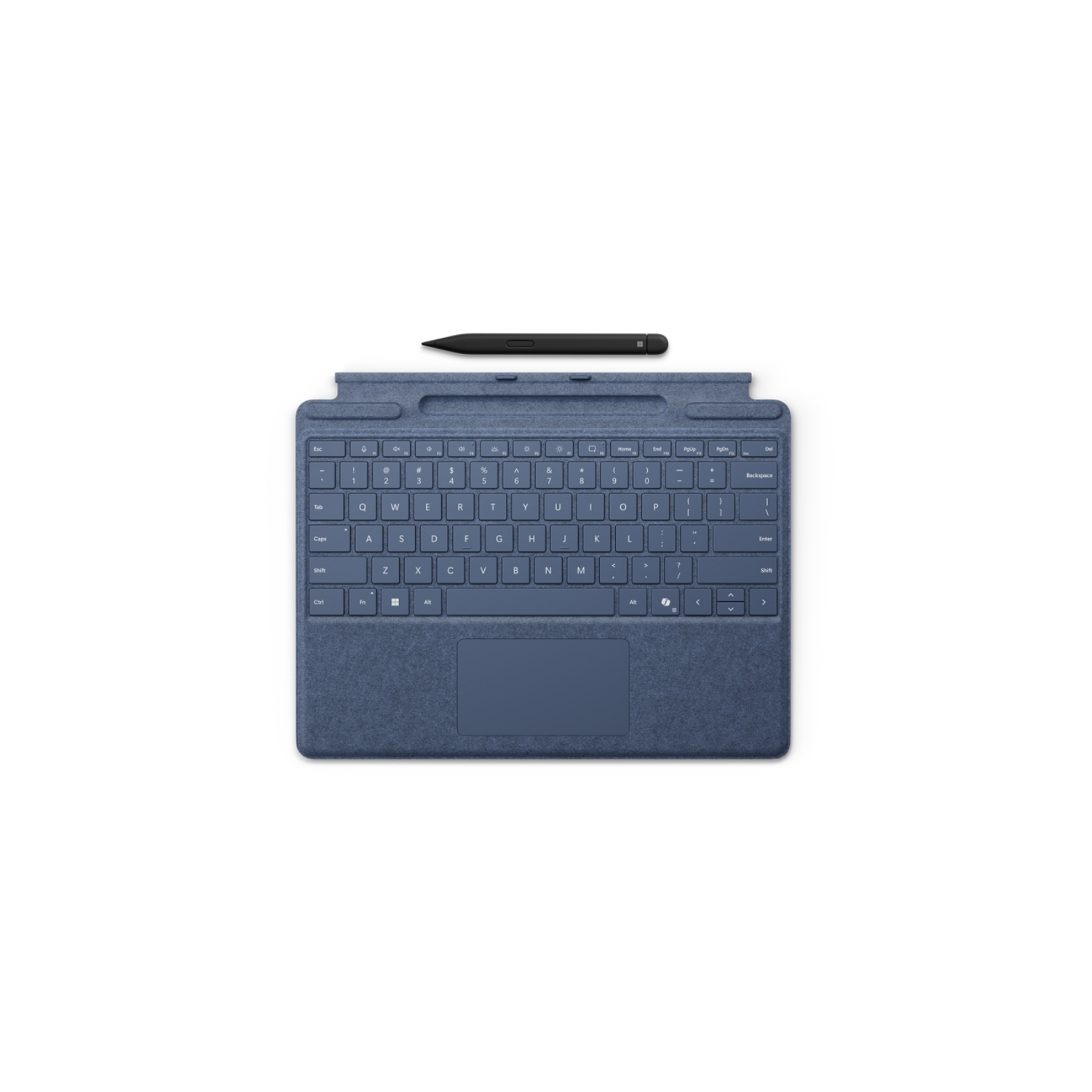 Una cover per tastiera blu con una penna stilo nera su sfondo bianco.