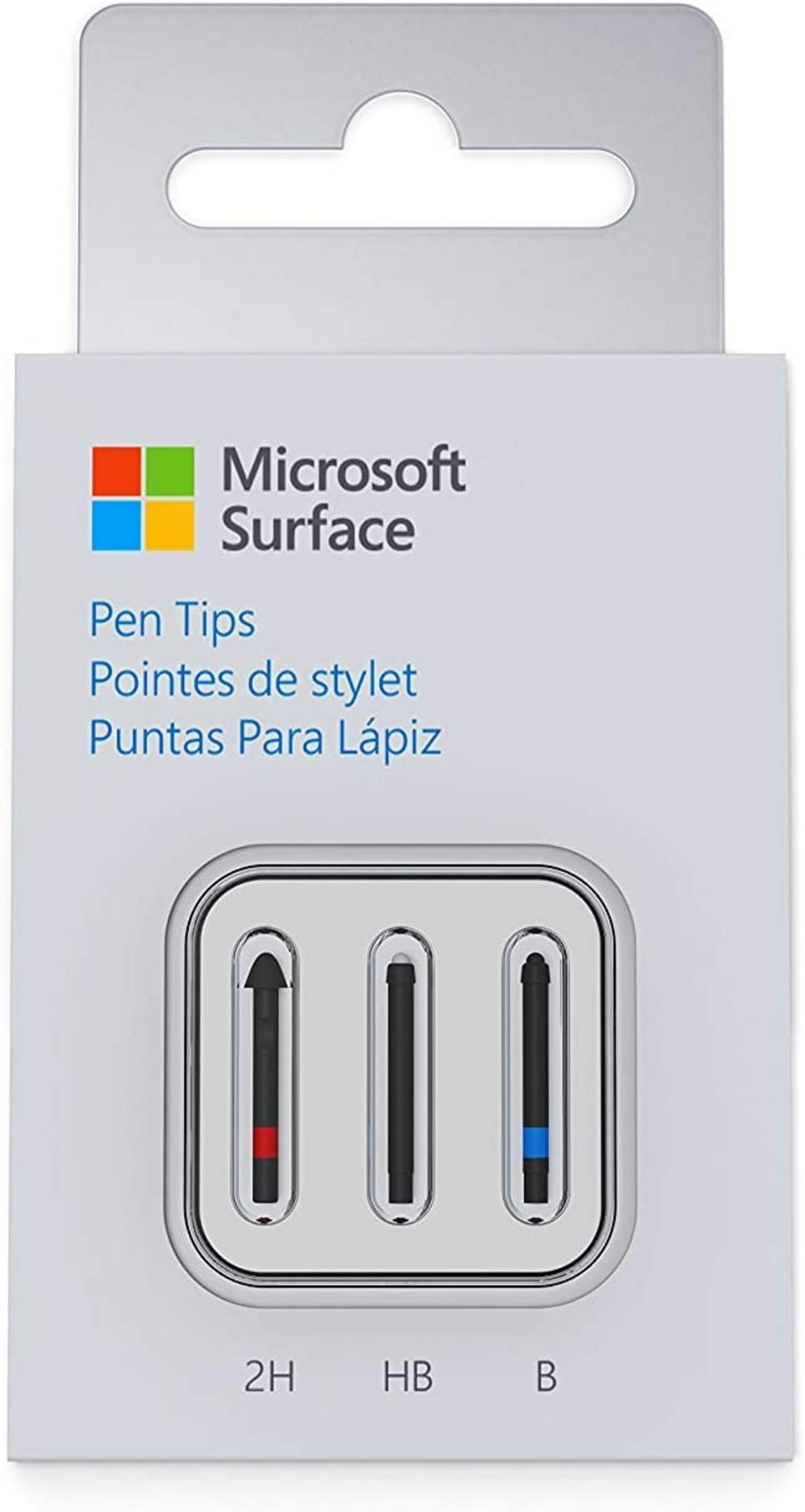 Verpackung für Microsoft Surface Stiftspitzen mit 3 Spitzen: 2H (rot), HB, B (blau).
