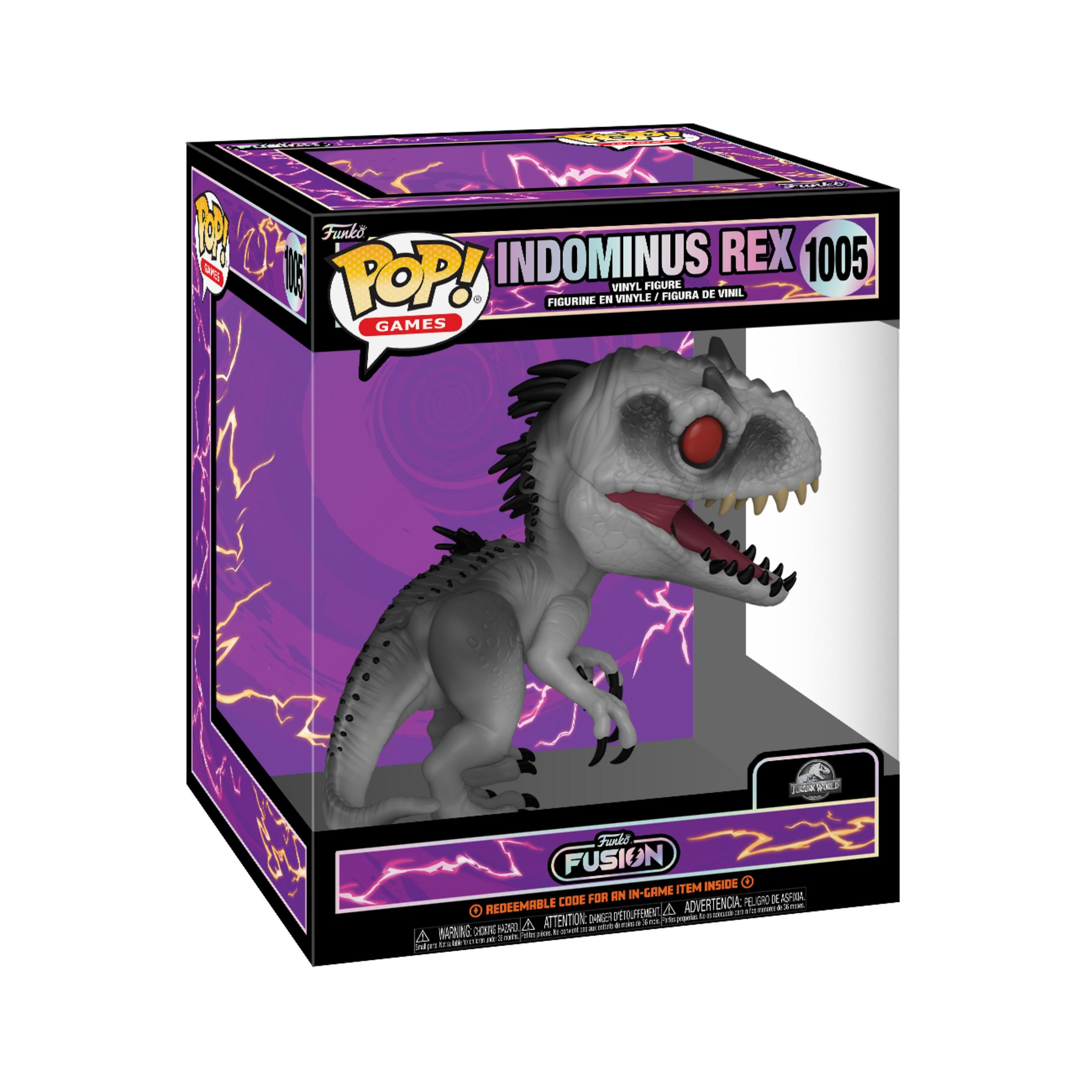 Szara figurka winylowa Funko Pop Indominus Rex w pudełku z motywem błyskawic.
