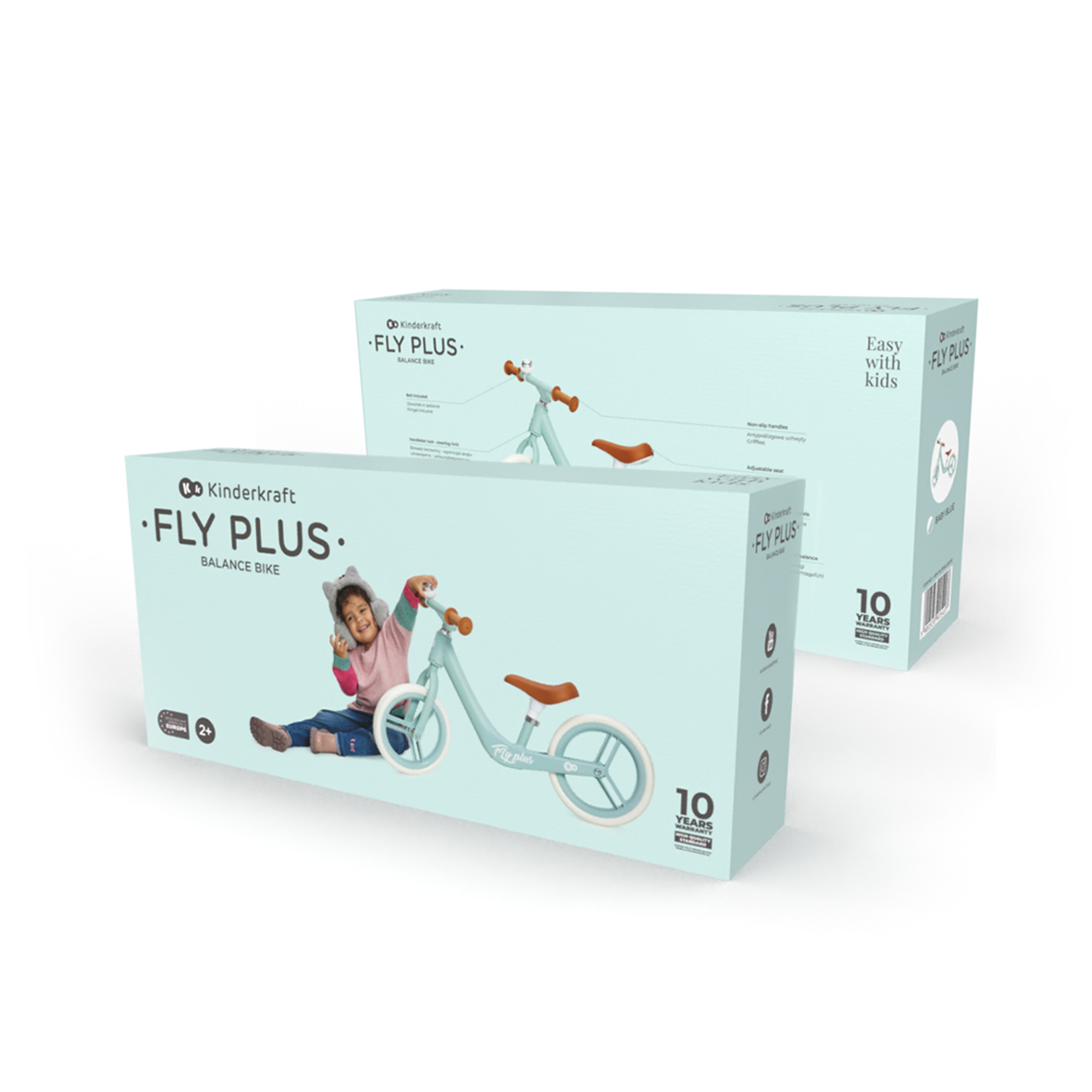 Hellblaue Kinderfahrrad-Boxen mit Bild eines Mädchens und eines Laufrads.