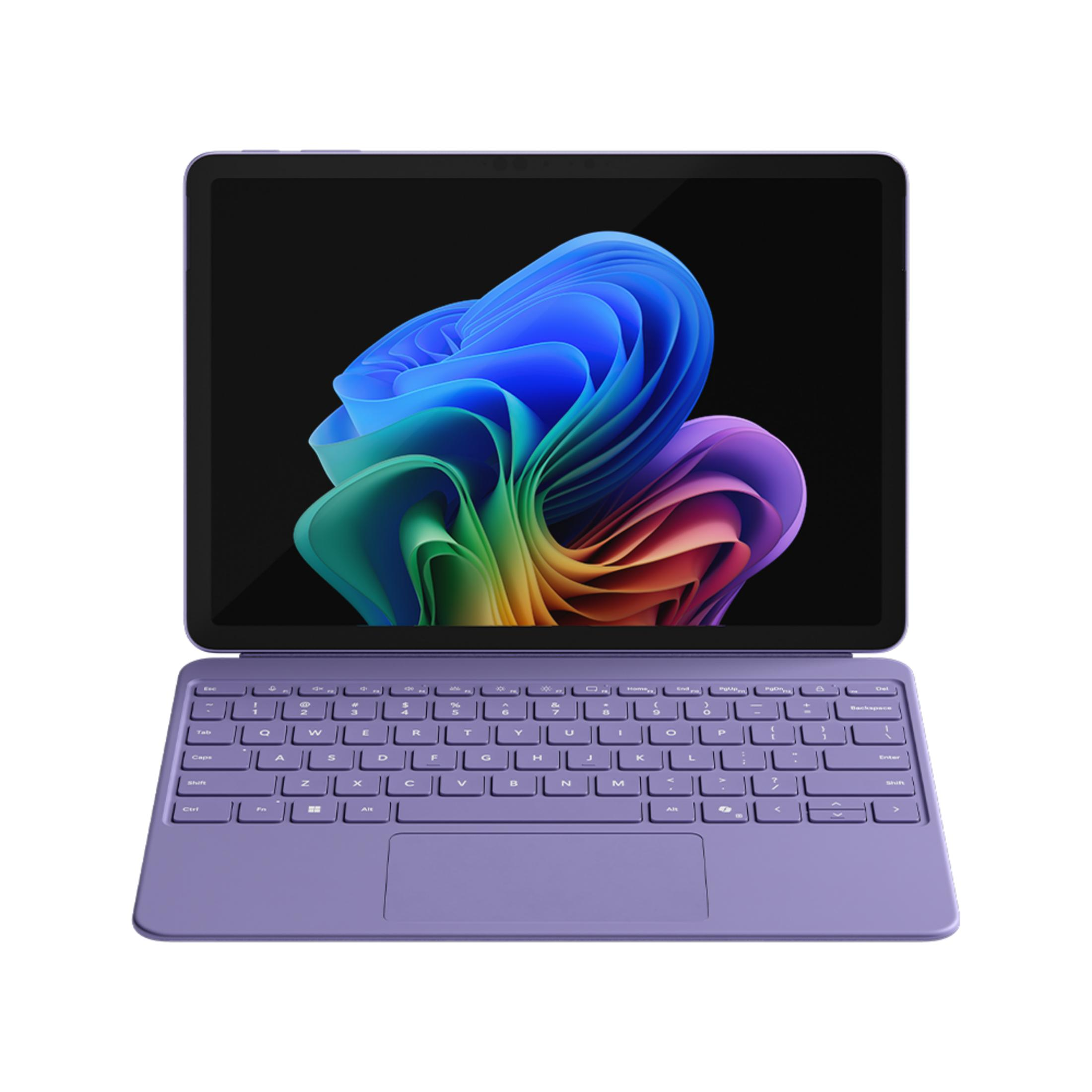 Un tablet viola con tastiera e sfondo astratto colorato sullo schermo.