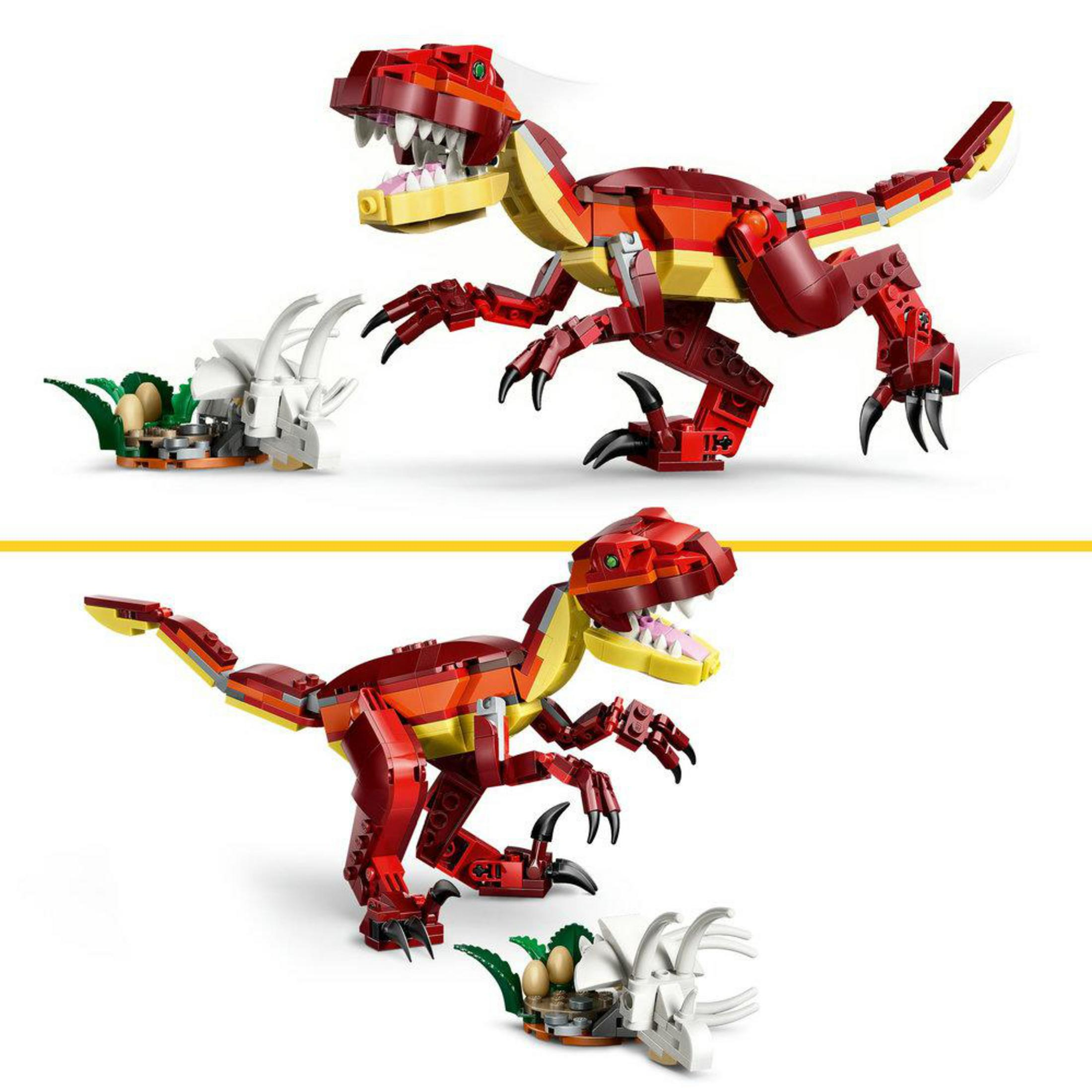Dwa modele dinozaurów Lego: czerwony T-Rex i biały Triceratops z jajkami.