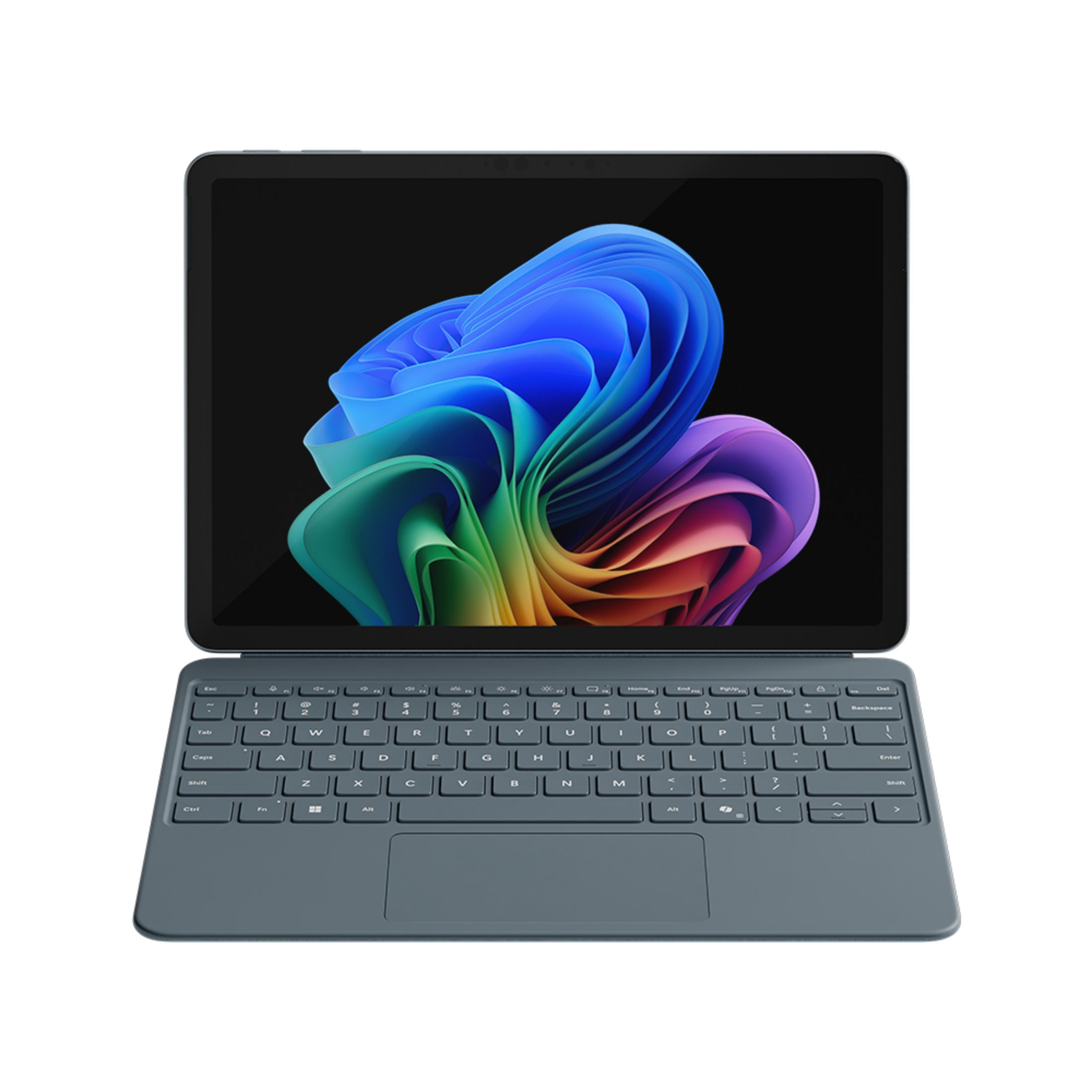 Un tablet grigio con tastiera collegata che mostra uno sfondo astratto colorato.