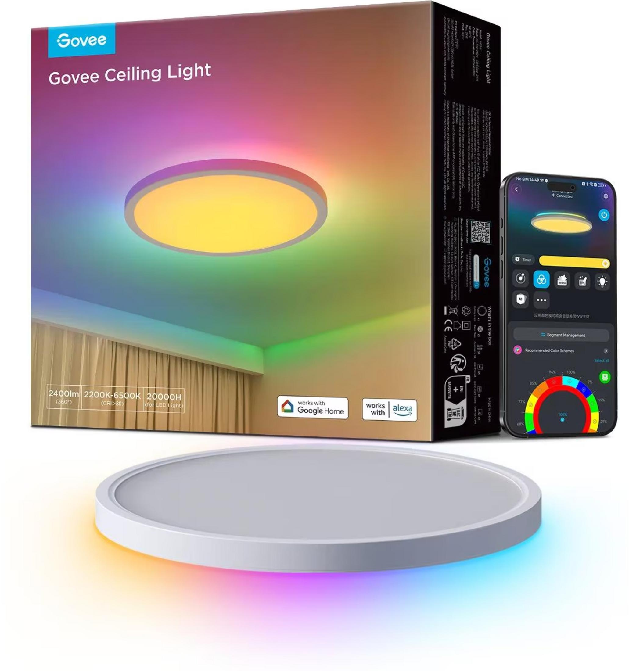 Plafoniera Govee con colori RGB, controllata da app, Google Home e Alexa.