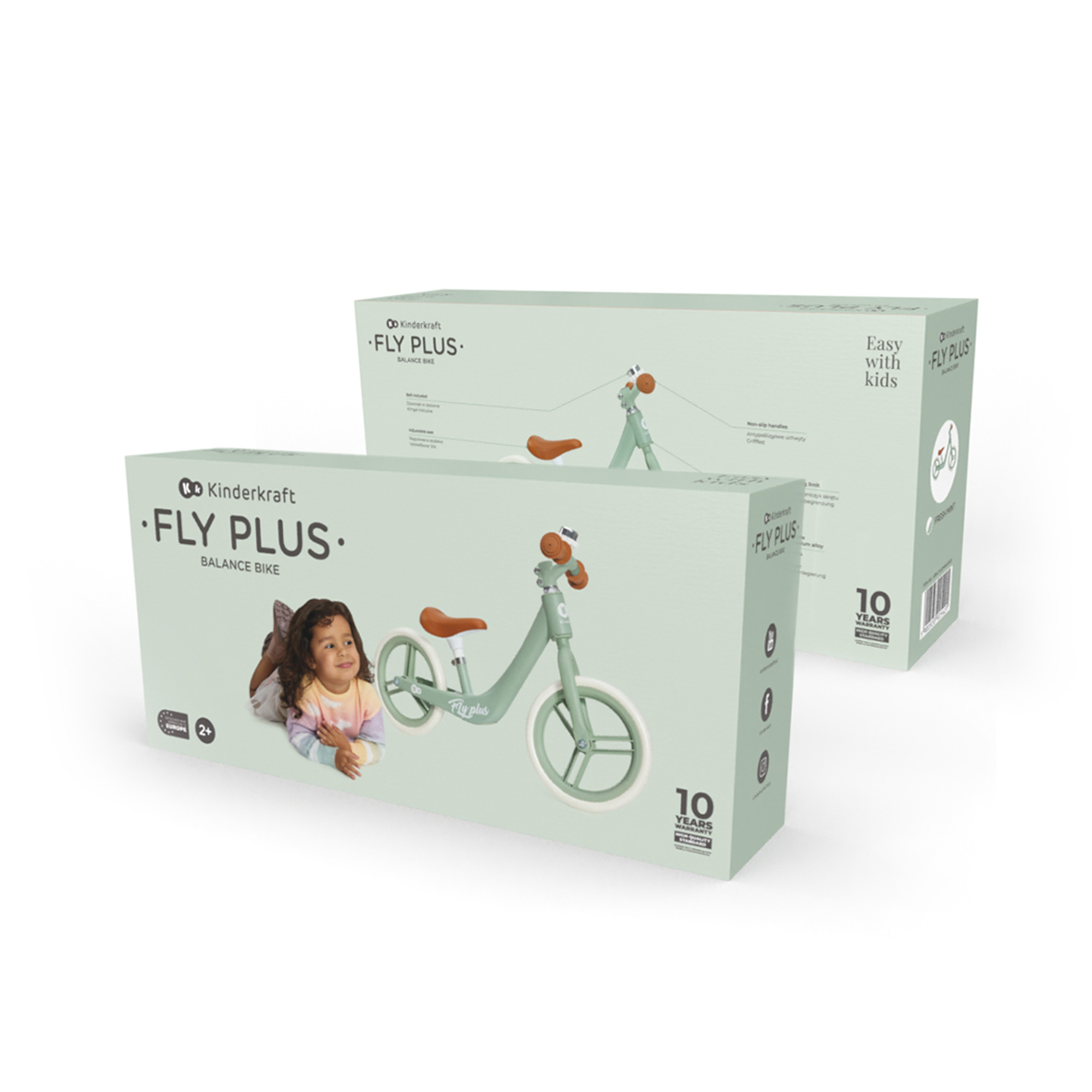 Kinderkraft Fly Plus Laufrad-Verpackung mit Kind und Laufrad-Illustration.