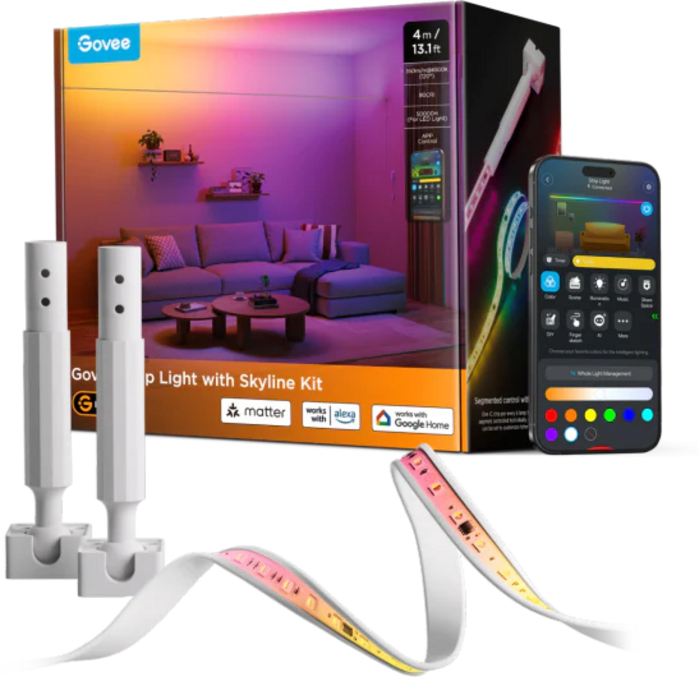 Skyline üniteli Govee ışık şeridi kiti, akıllı telefon ve uzaktan kumanda.