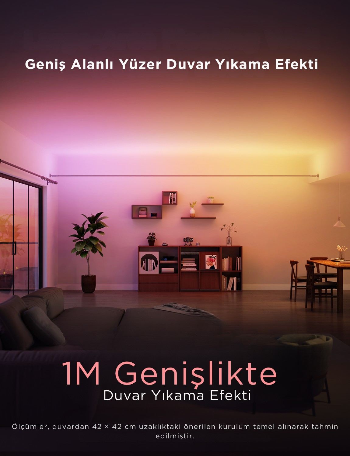 Geniş, yüzen duvar yıkama ışığı, pembeden sarıya geçişli.