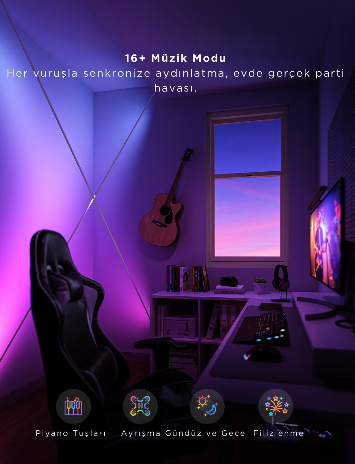 RGB aydınlatmalı, masalı, bilgisayarlı ve duvarda gitarlı bir oyun odası.