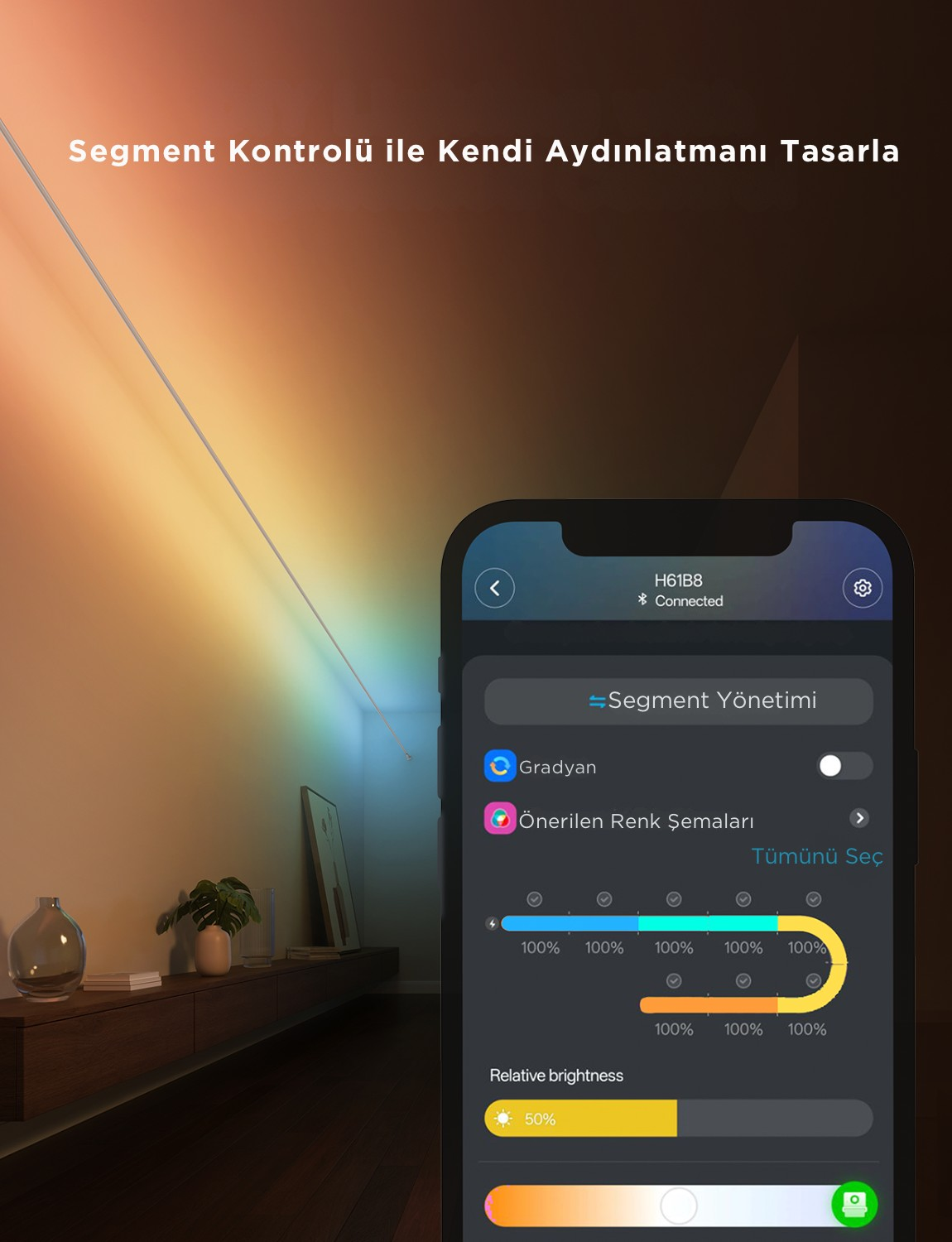 Bir akıllı telefon, gradyanlar ve parlaklık ayarlarıyla segment aydınlatma kontrolü için bir uygulama gösteriyor.