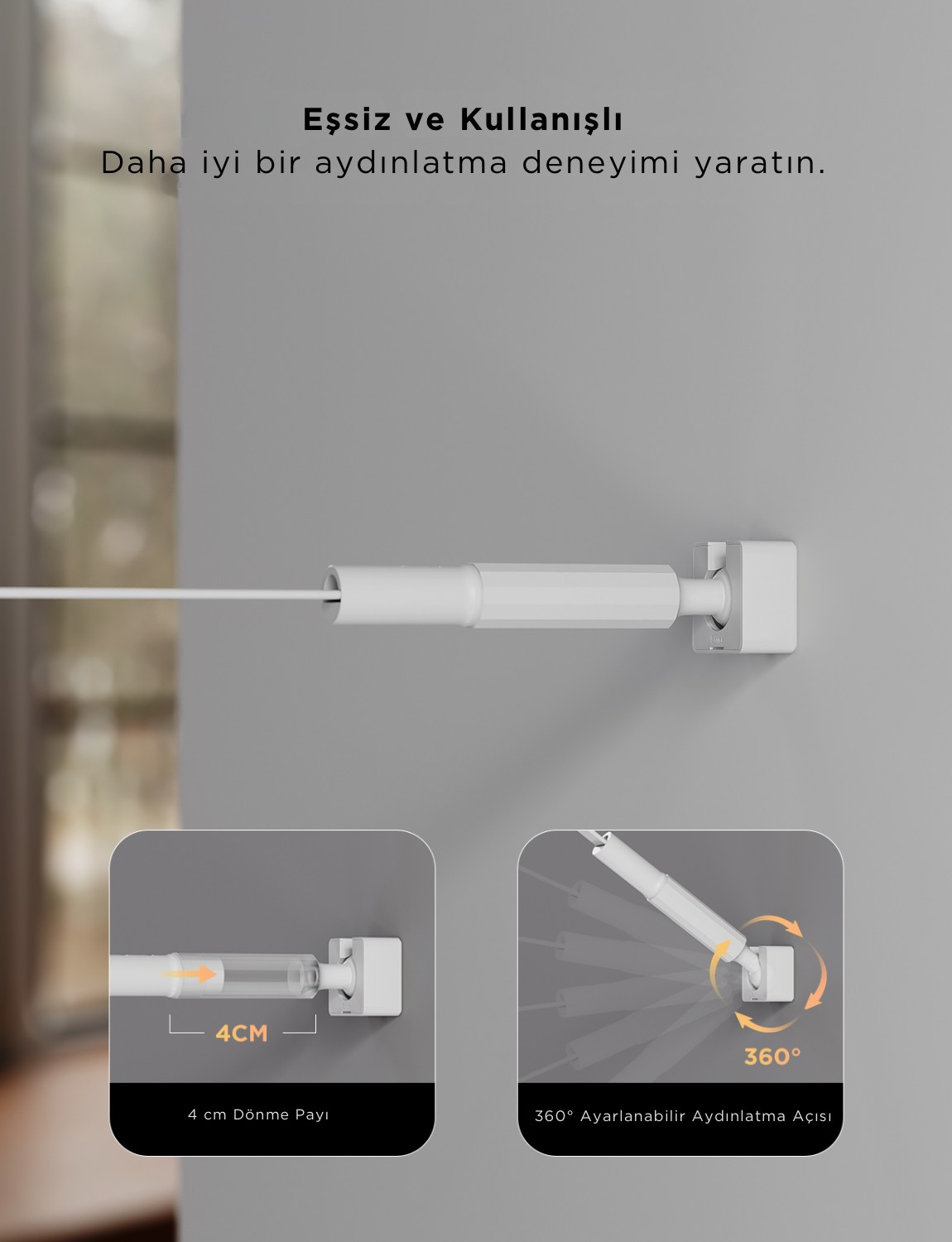 Duvara monte beyaz, ayarlanabilir kollu lamba, yakın çekim detaylı.