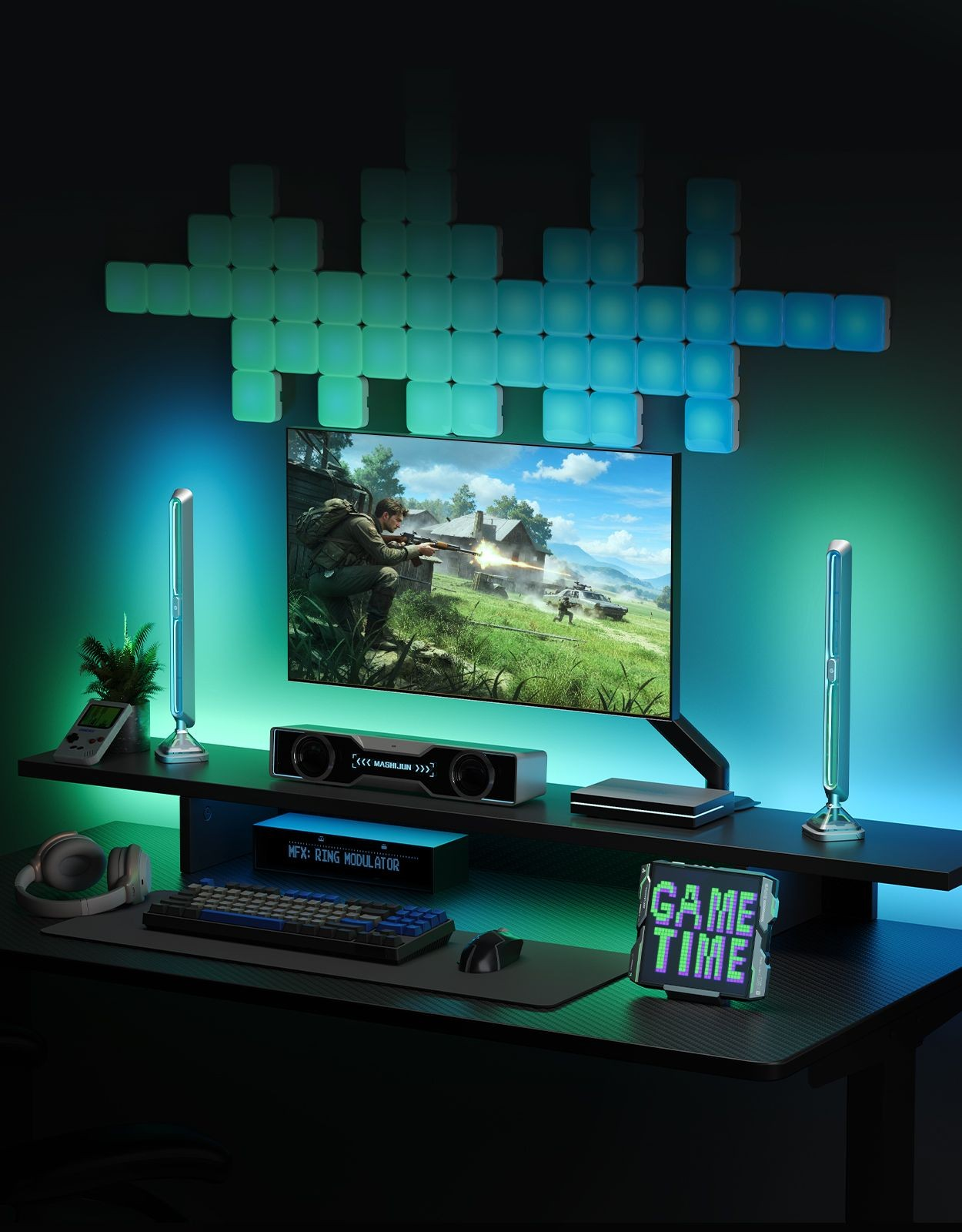 Una postazione da gaming. Un monitor mostra un gioco, illuminato da luci verdi e blu.
