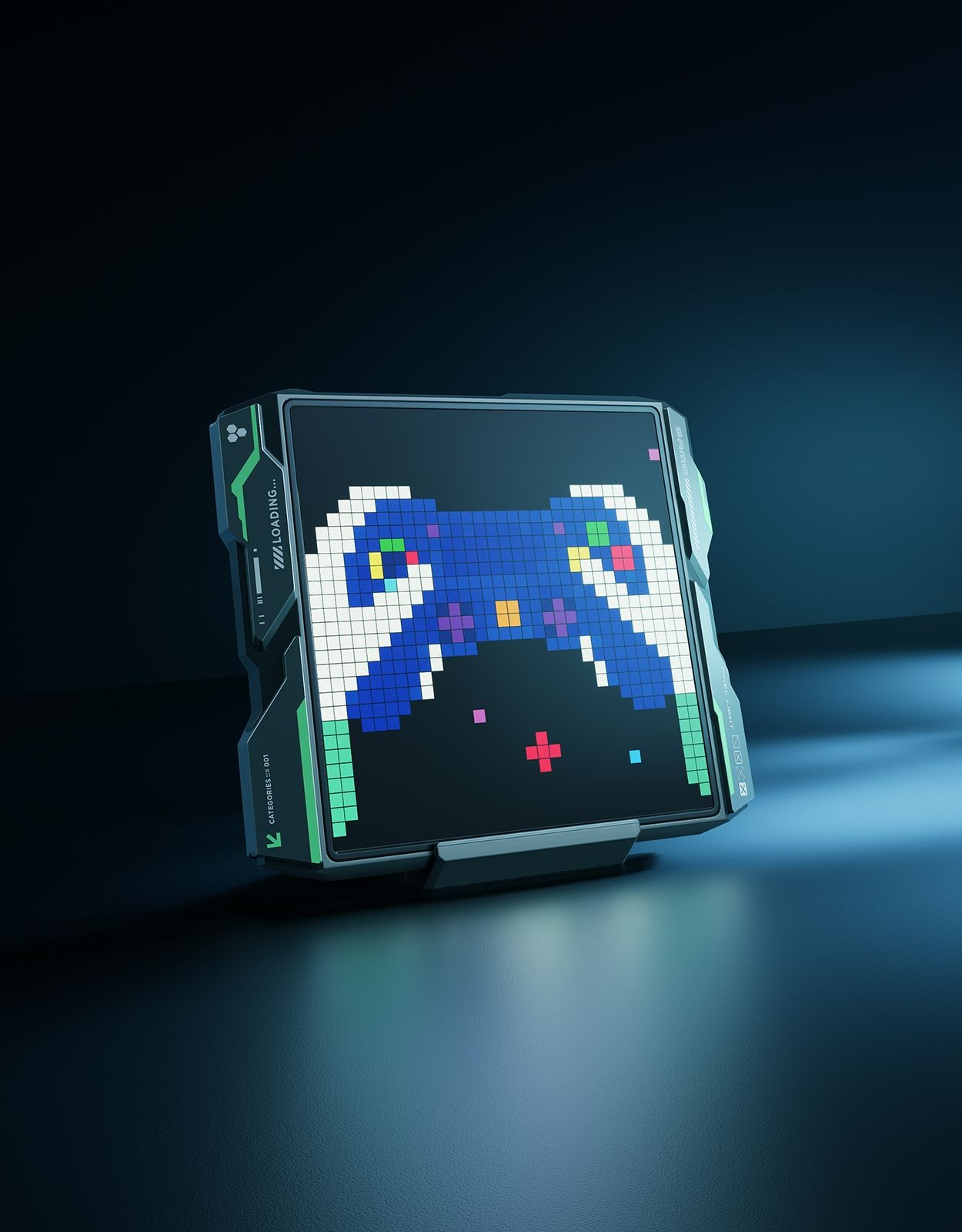 Uno schermo di controller pixelizzato mostra "CARICAMENTO..." su sfondo scuro.