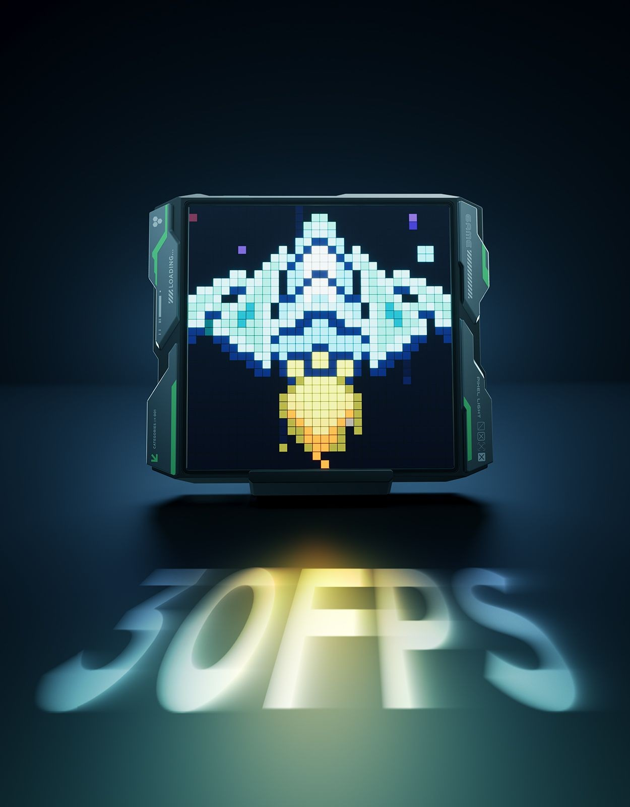 Un gioco retro pixel art su schermo scuro, con testo "30FPS" nell'ombra.