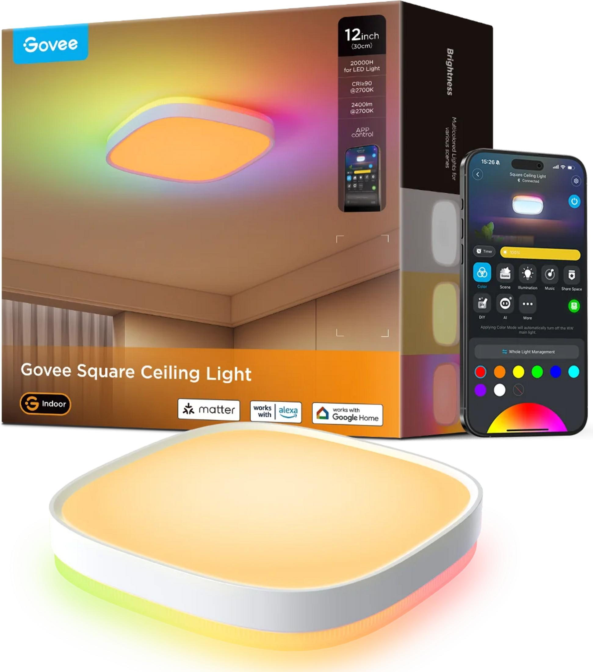 Govee kare tavan lambası uygulama kontrollü, kutu ve RGB ışığı gösteriliyor.