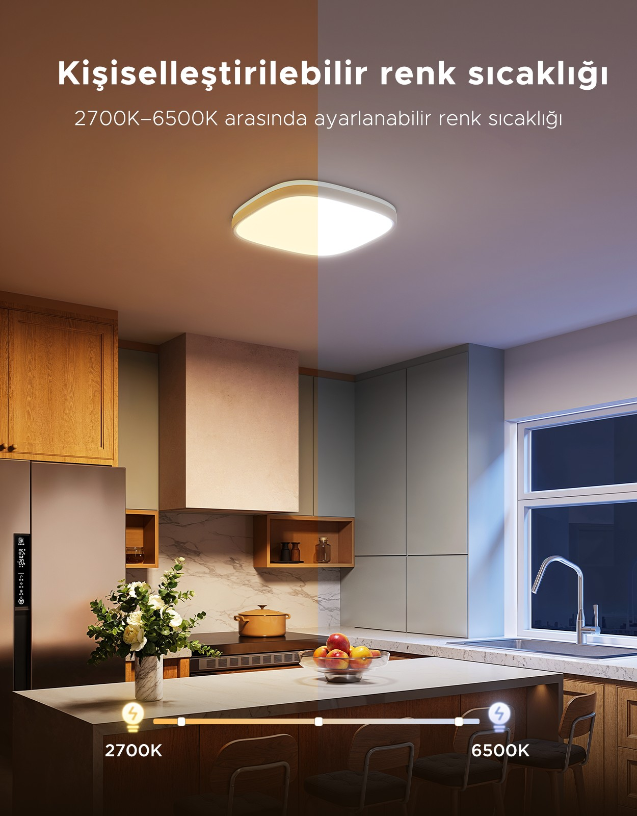 Ayarlanabilir tavan lambalı modern mutfak, sıcak beyazdan soğuk beyaza.