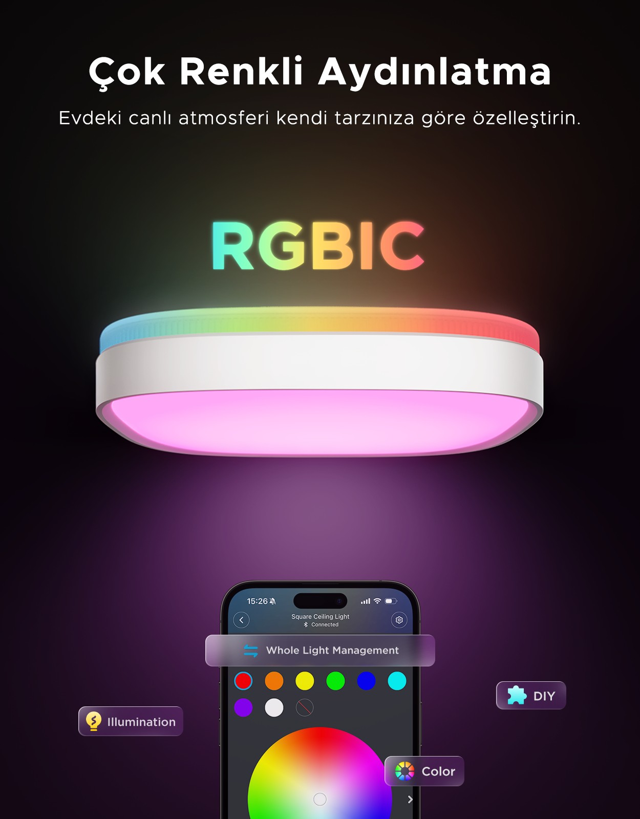 RGBIC tavan lambası uygulama renk kontrolü ile. Eviniz için renkli aydınlatma.