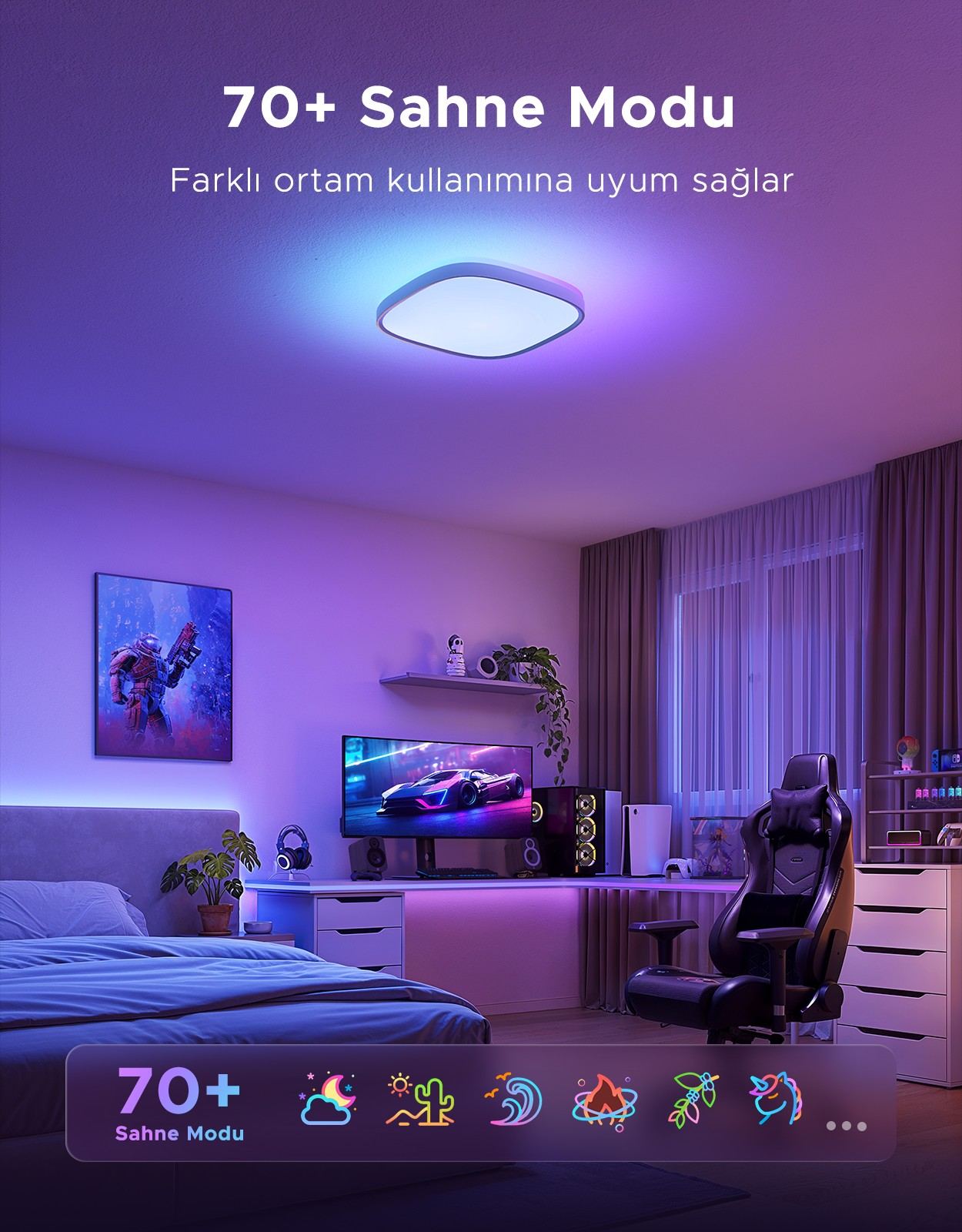 Modern bir yatak odası, masa, oyuncu koltuğu ve yatak, tavan lambasıyla aydınlatılmış.
